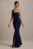 Lucena Navy Cowl Neck Wrap Maxi Dress With Floral Drape