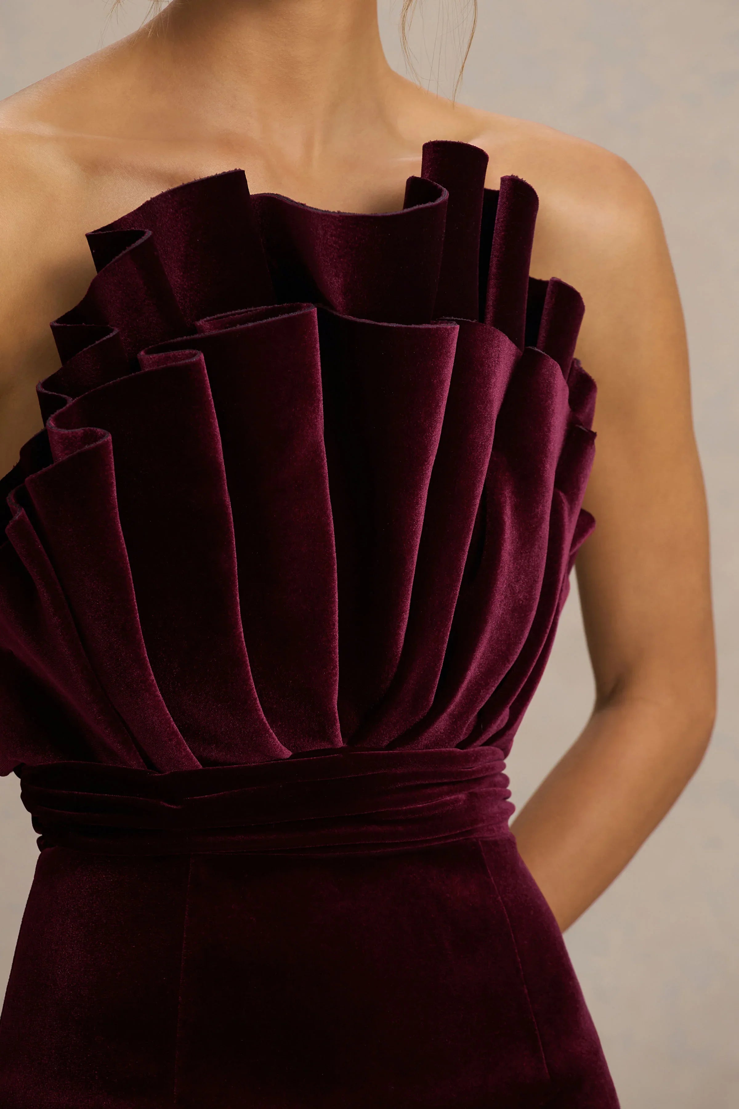 Polly Burgundy Velvet Ruffled Strapless Mini Dress