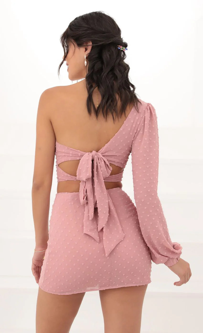 One Shoulder Puff Sleeve Set in Mauve Dots