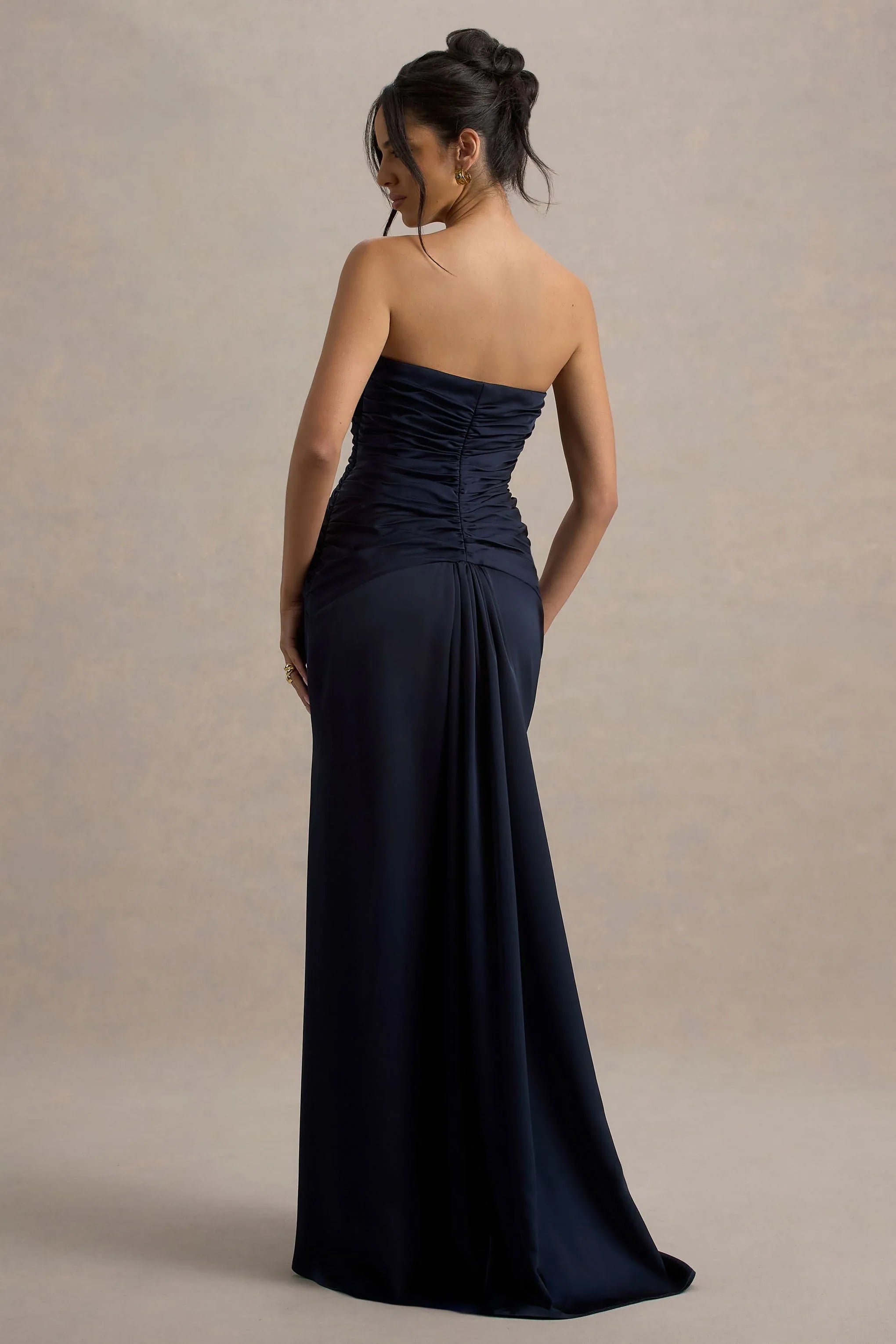 Desirie Navy Satin Sweetheart Gathered Maxi Dress