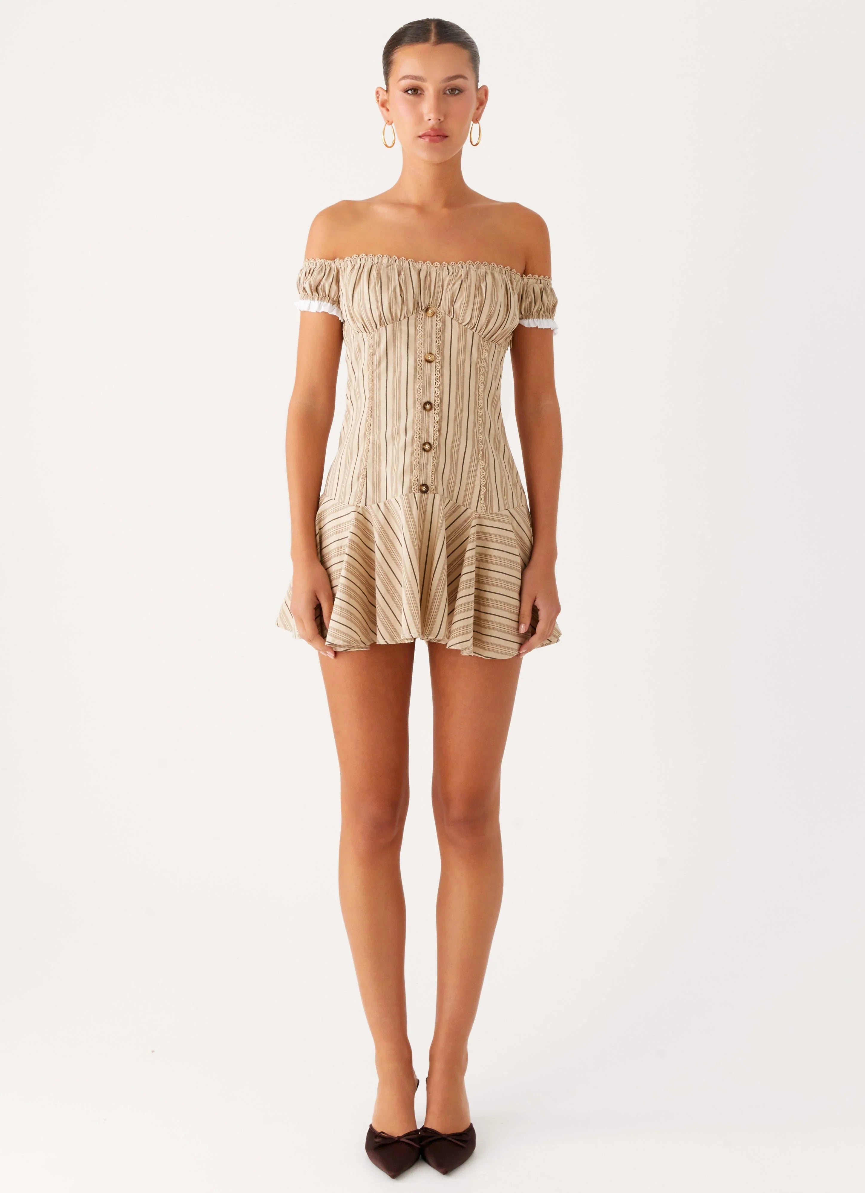Jumana Off Shoulder Mini Dress Off White Stripe