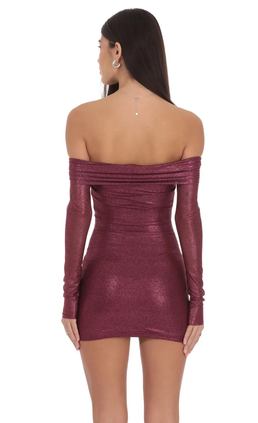 Foil Off Shoulder Dress in Burgundy