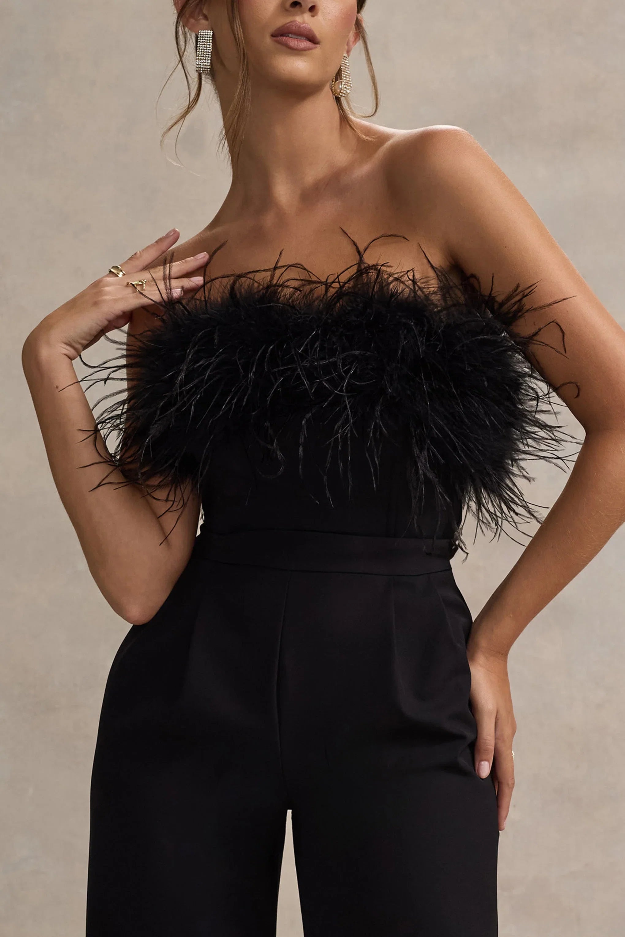 Delta Black Feather Bandeau Wide Leg Jumpsuit
