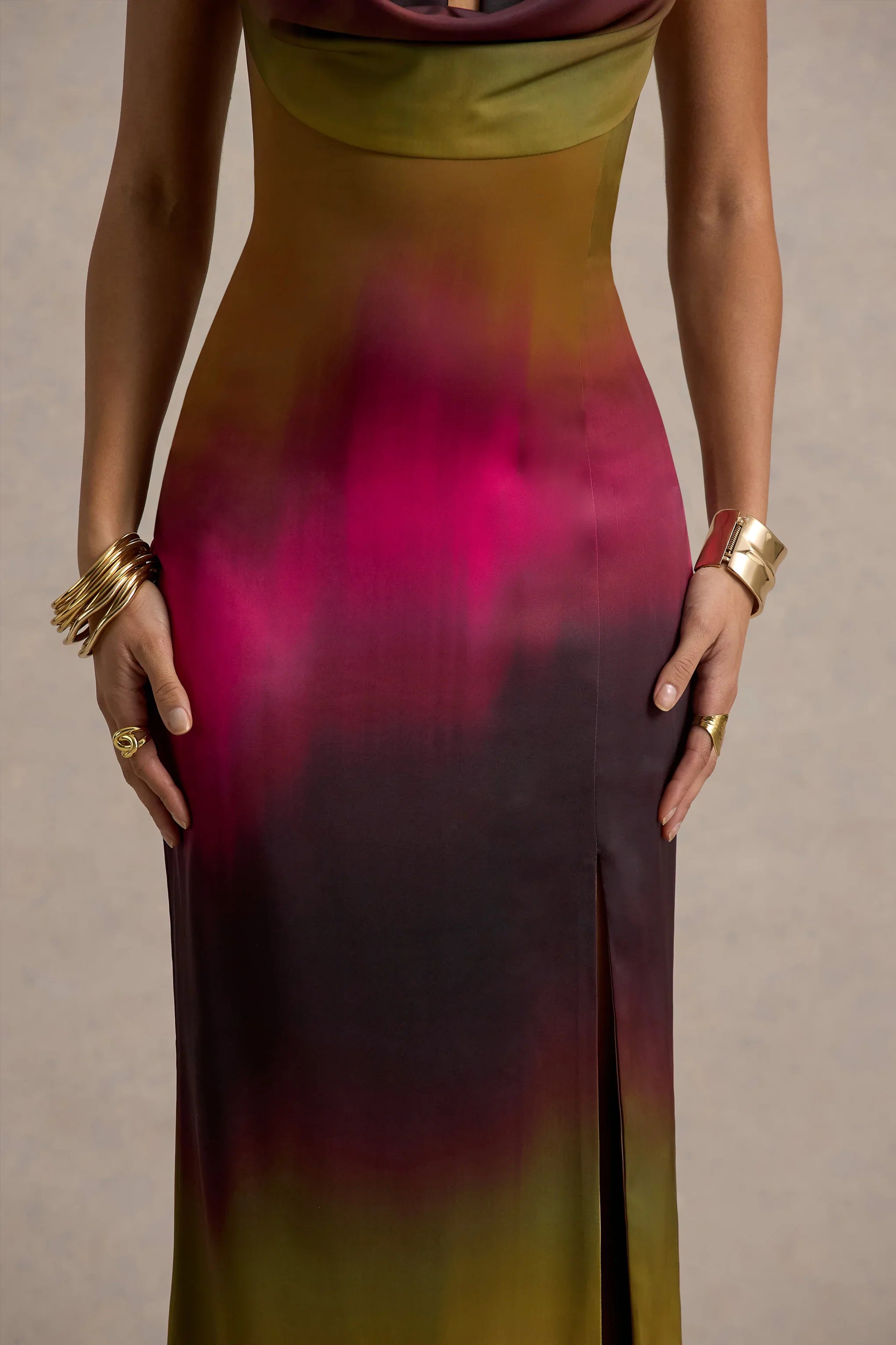 Fiorella Ombre Print Cowl Neck Split Maxi Dress