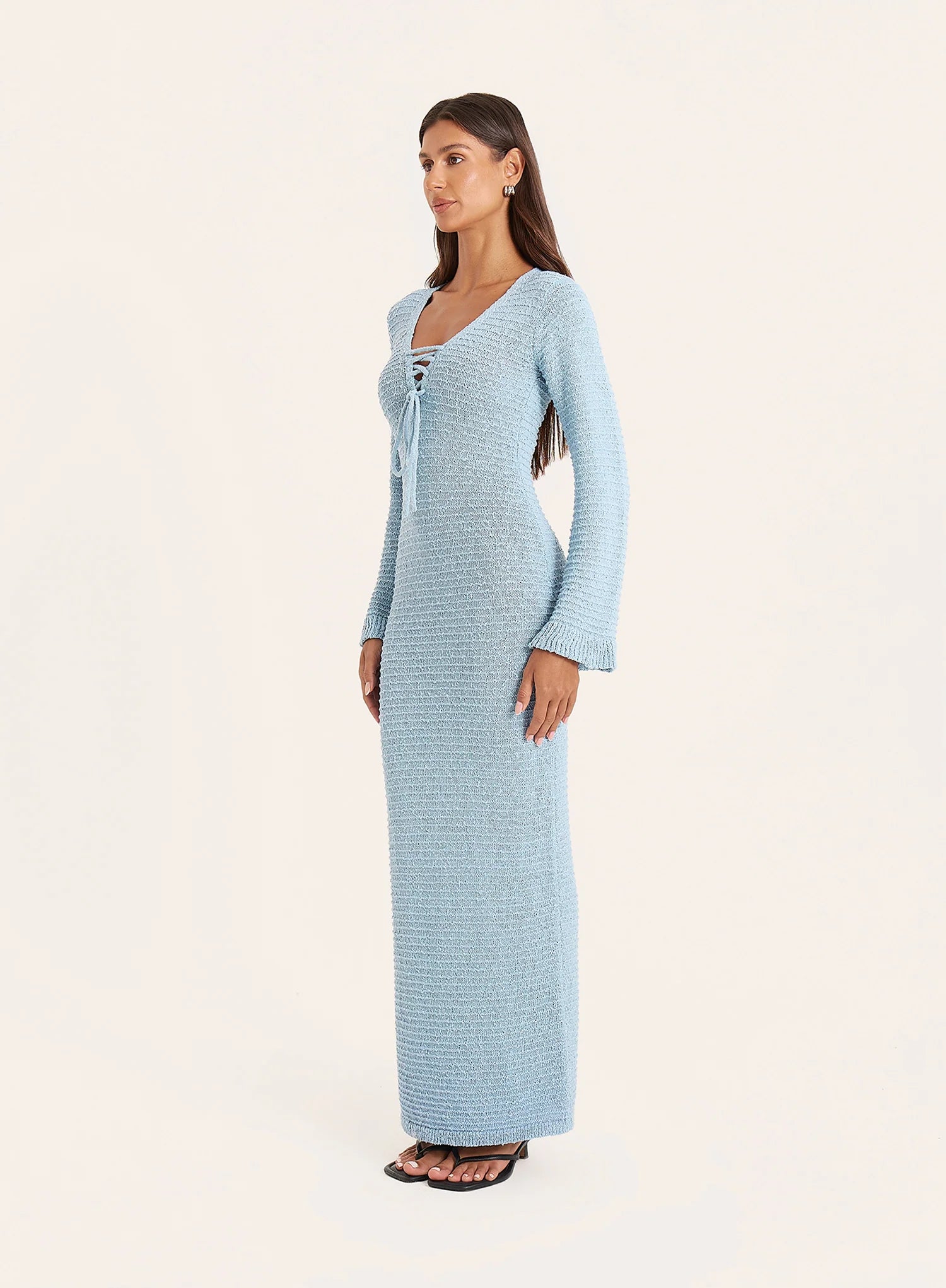 Blue Knitted Tie Front Maxi Dress
