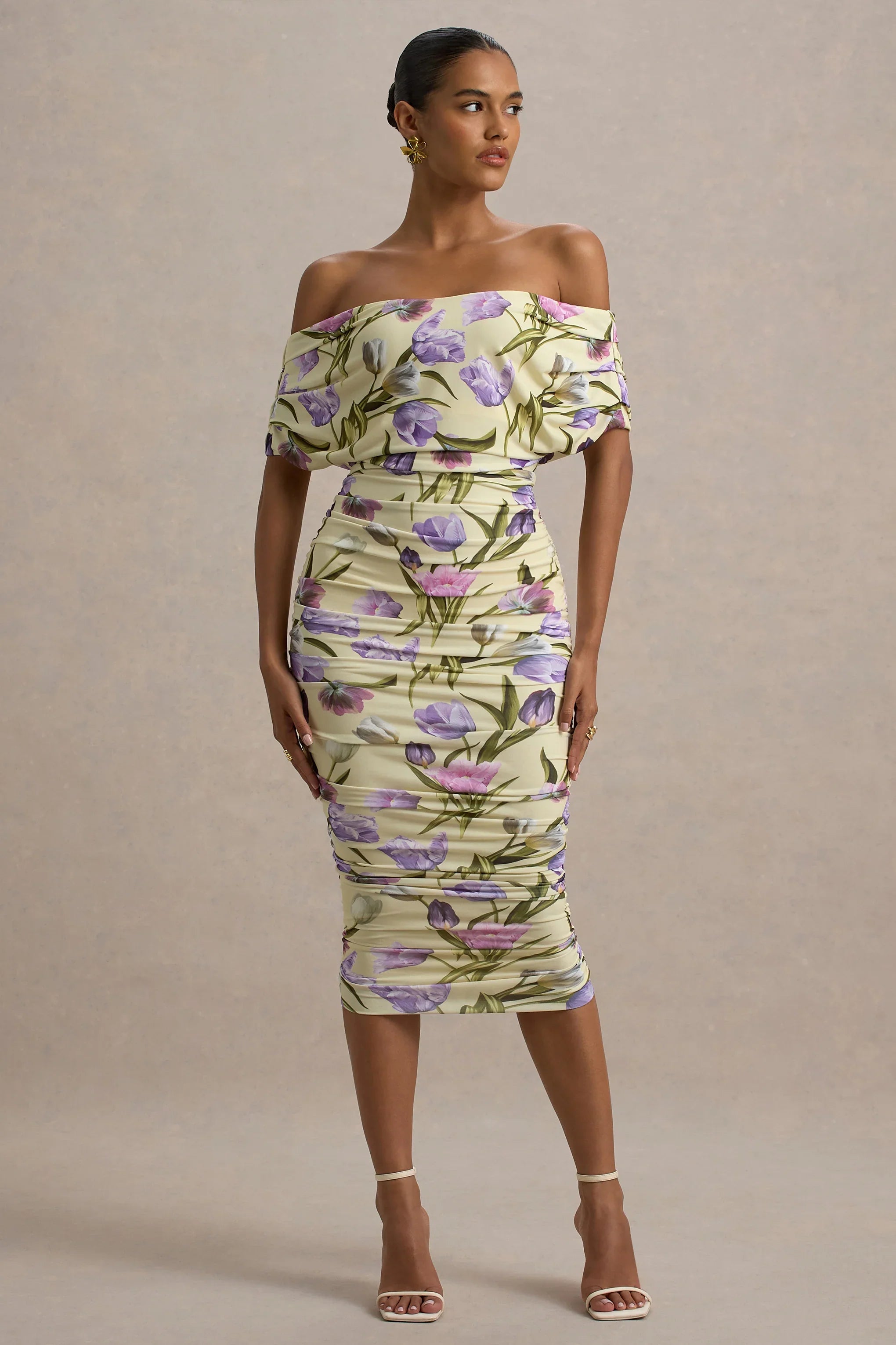 Rayleigh Tulip Floral Print Bardot Ruched Midi Dress