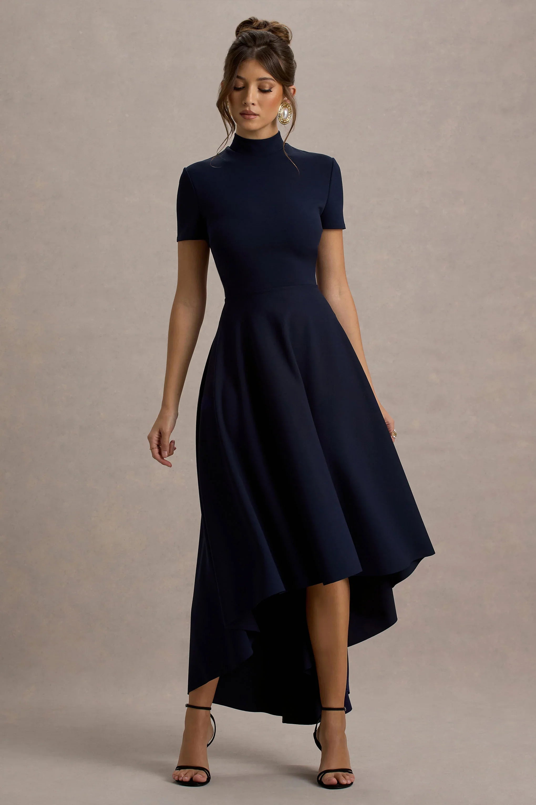 Bellona Navy High Neck High Low Midi Dress