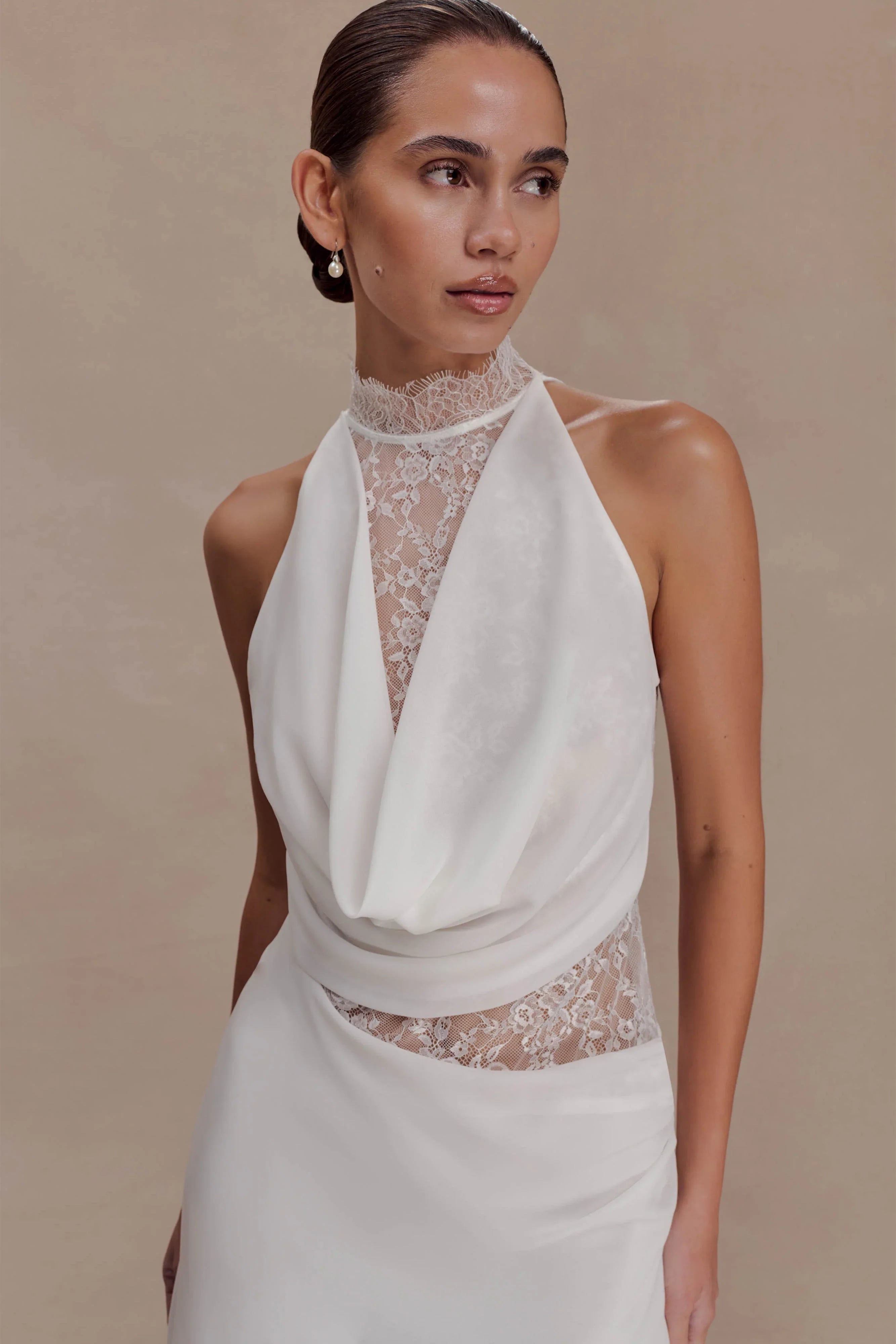 Arra Chiffon And Lace Halter Mini Dress White
