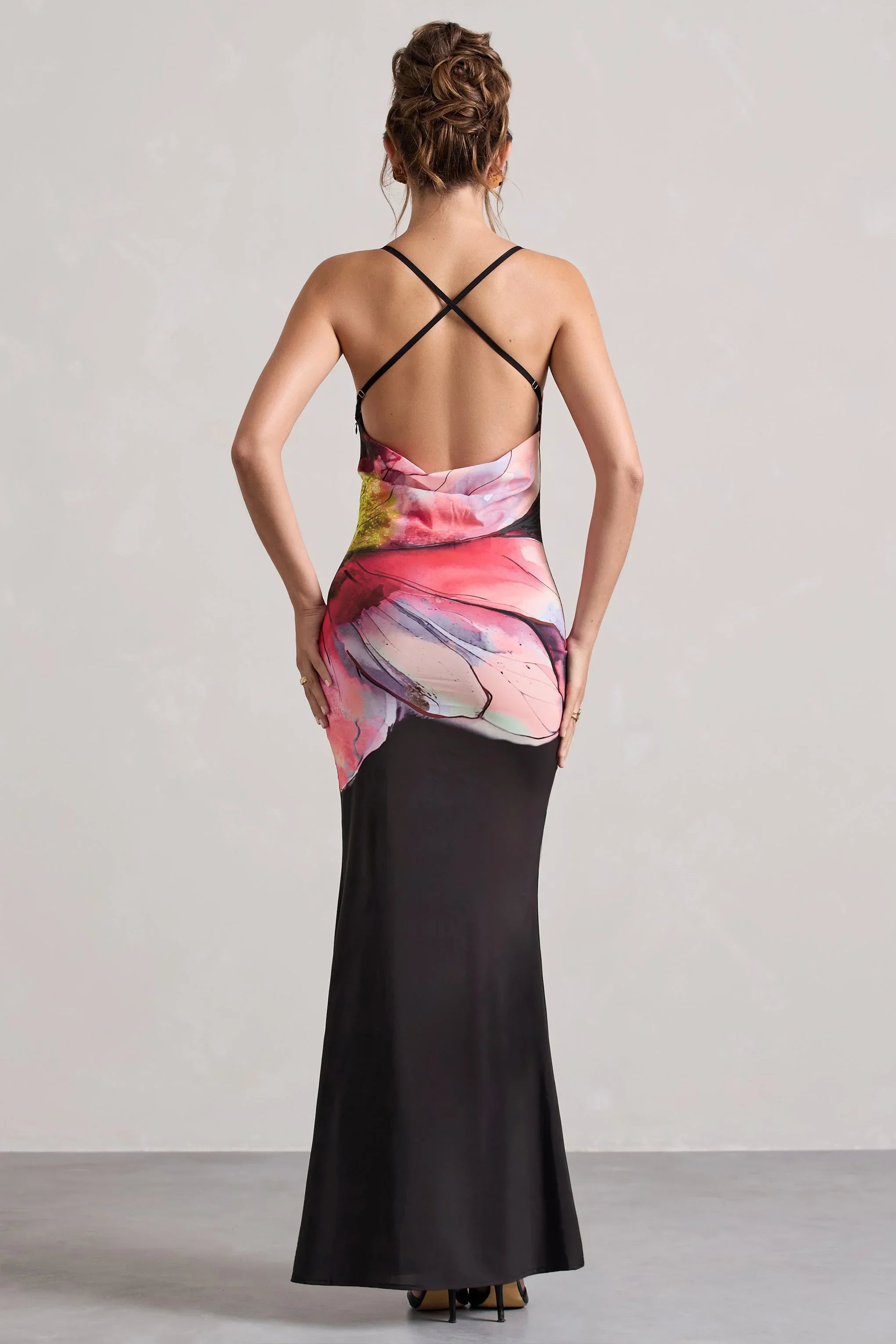 Kali Black Floral Print Cowl Neck Open Back Split Maxi Dress