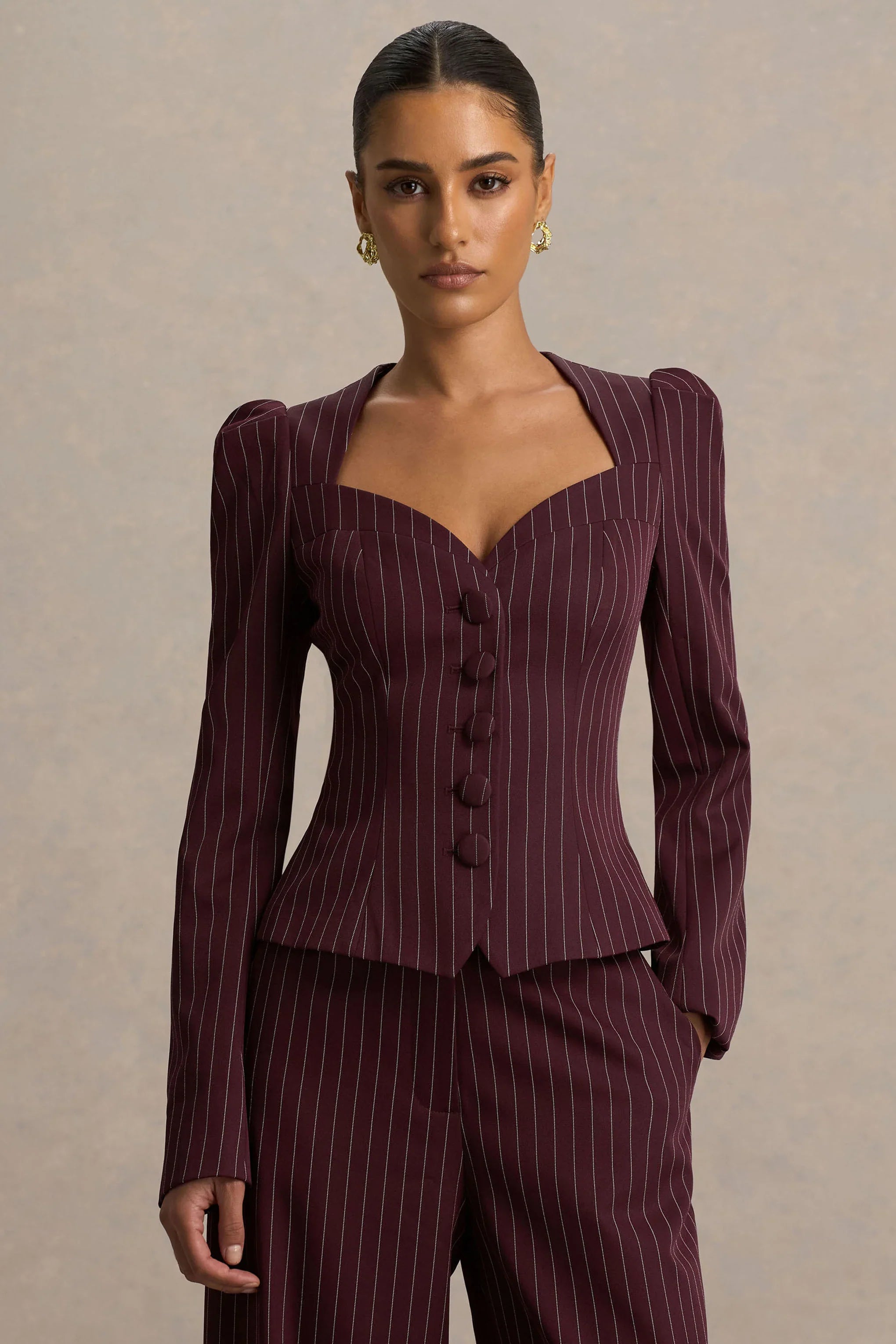 Lana Burgundy Pinstripe Woven Sweetheart Neck Tailored Top