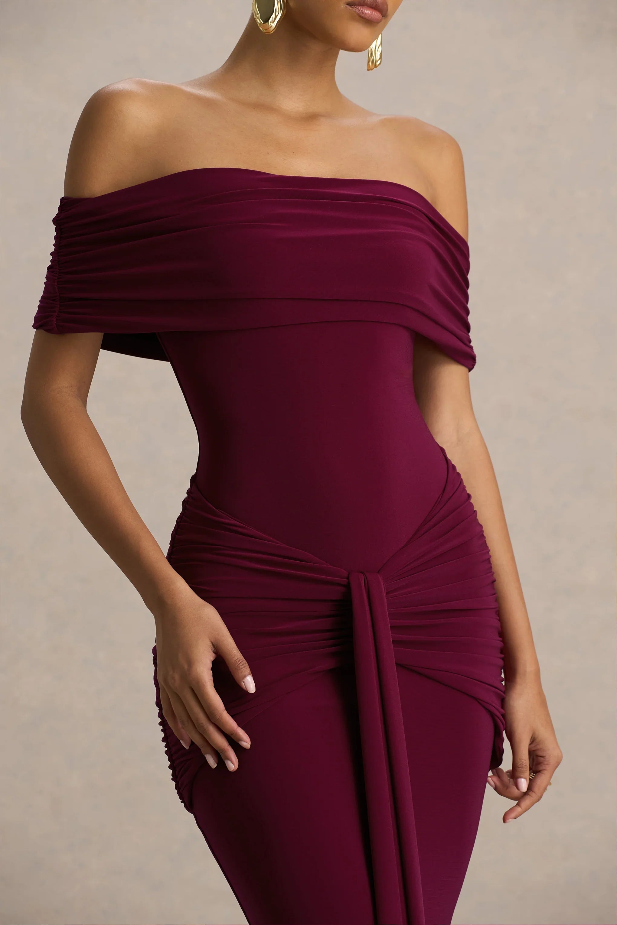 Envisioned Burgundy Bardot Neck Maxi Dress With Gathered And Drape Detail