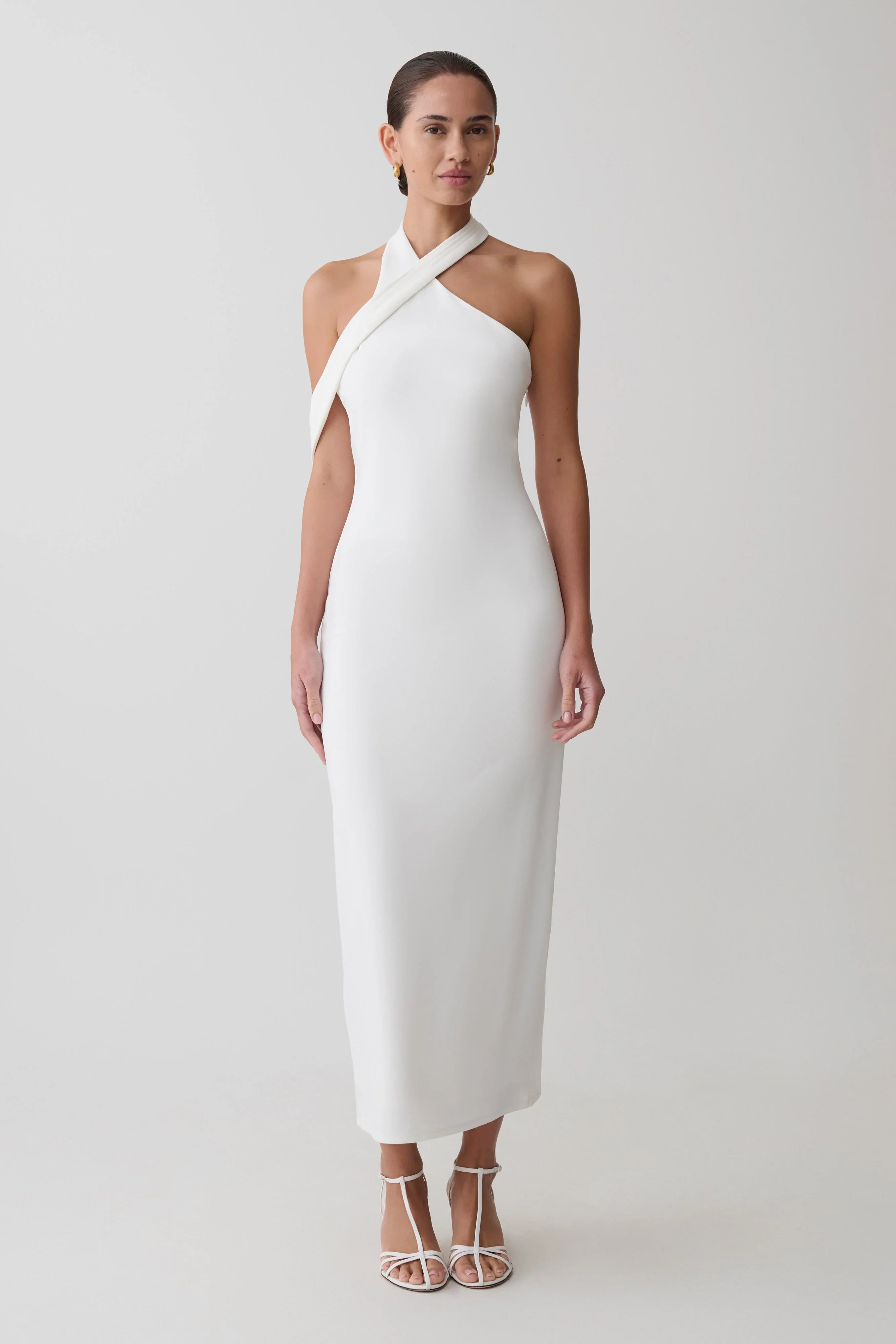 Sable Crossover Crepe Midi Dress White
