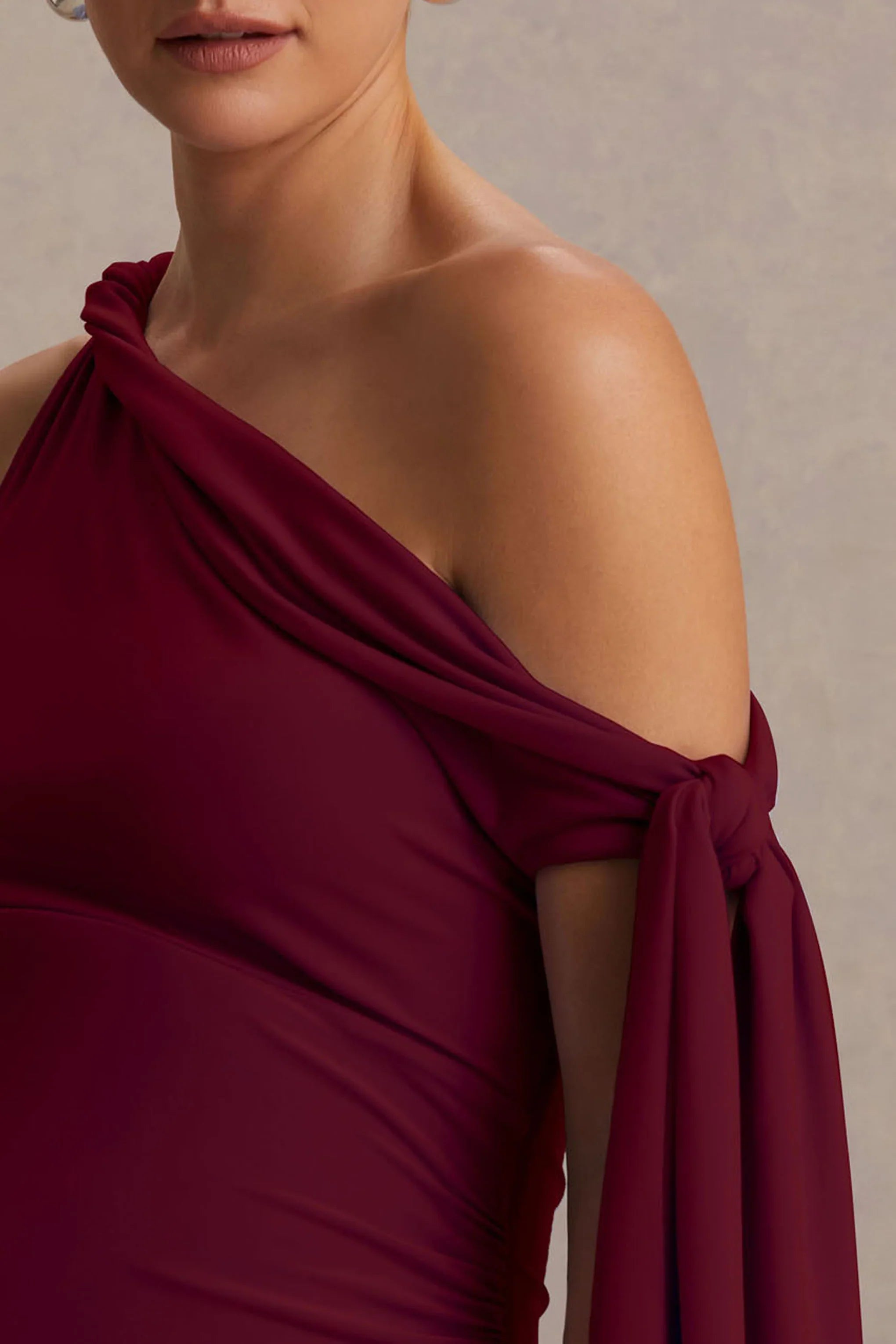 Orielle Burgundy Asymmetric Neck Maternity Maxi Dress With Knot Sleeve And Sash