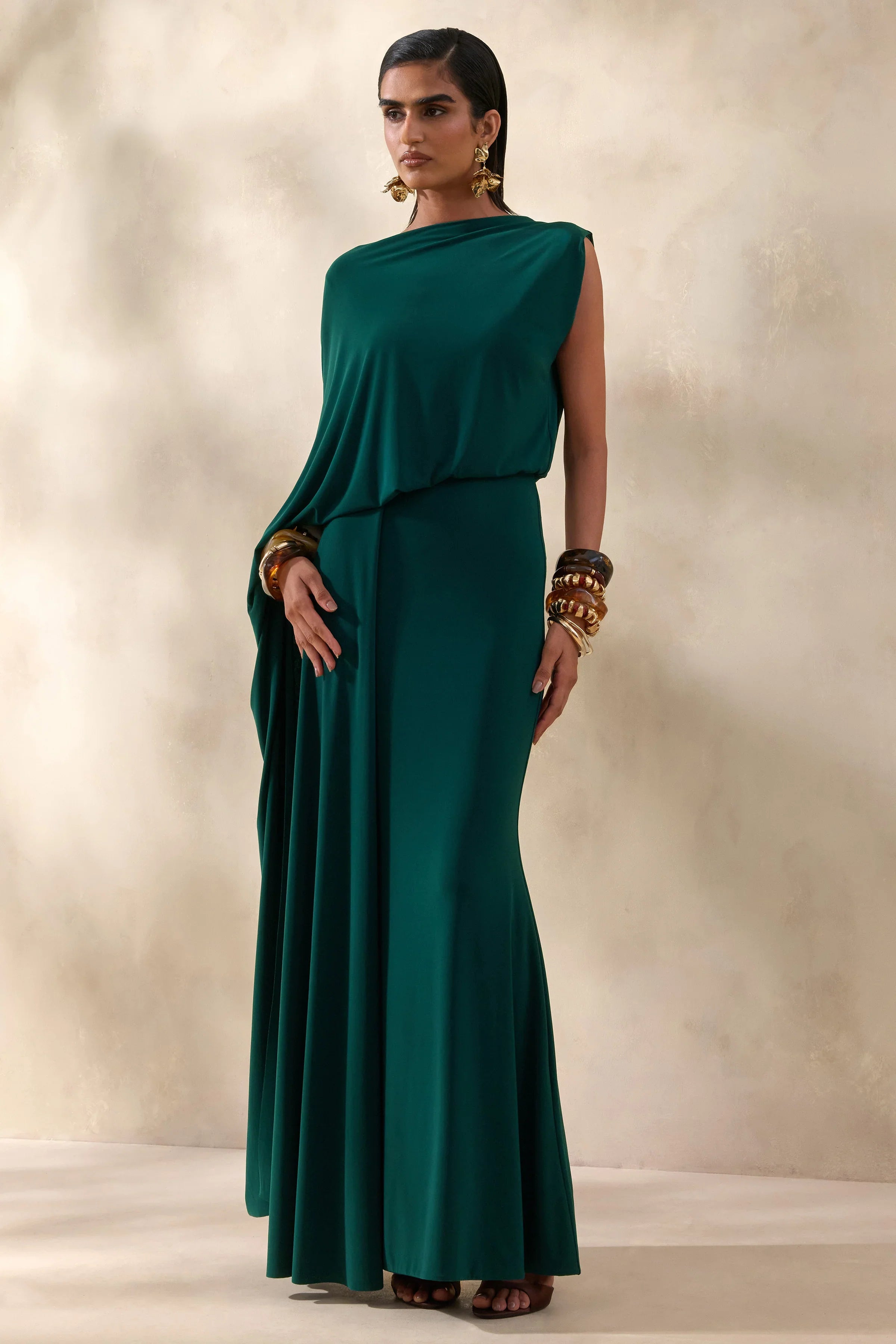Carenza Dark Green Wide Neck Maxi Dress With Cape Sleeve