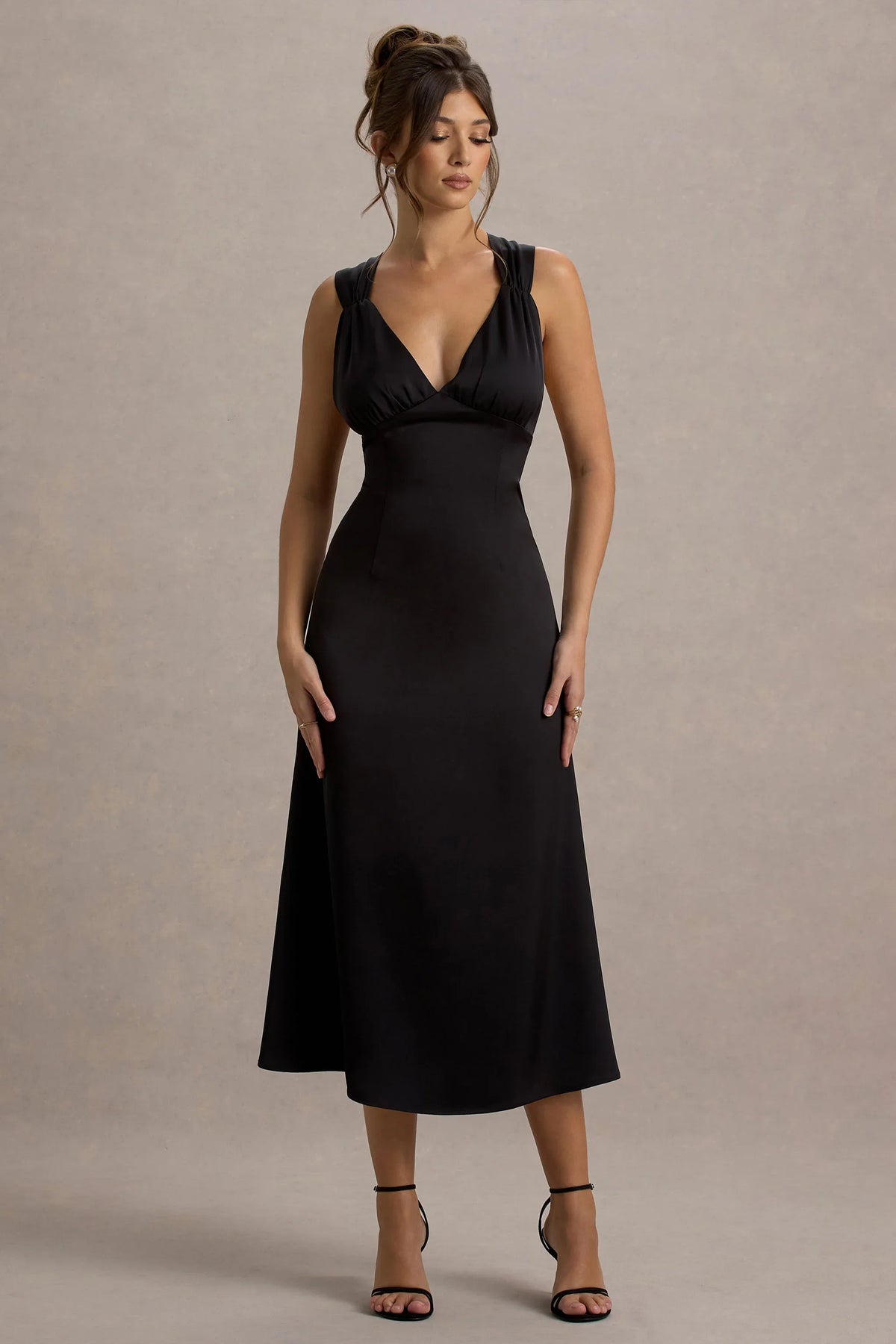 Beck Black Satin Plunge Neck Cross Back Midi Dress