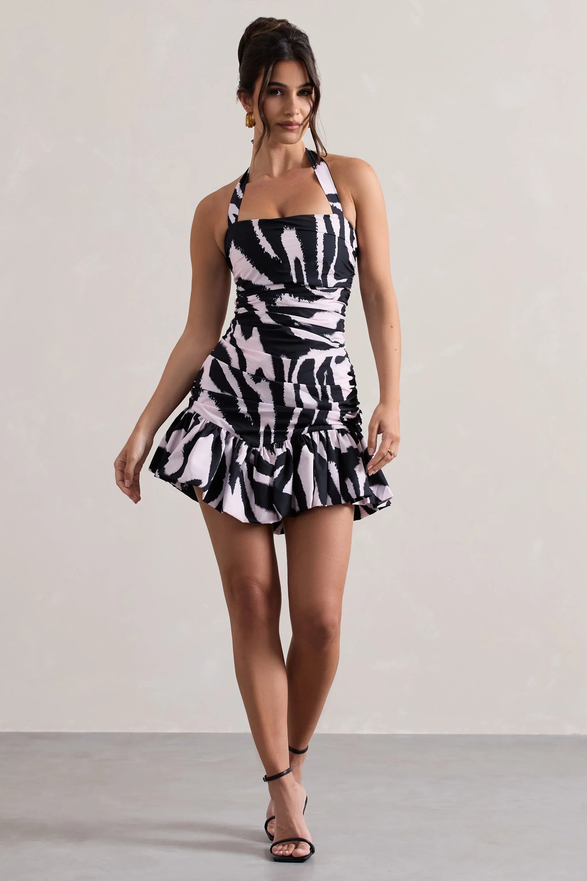 Zahra Zebra Print Halter Neck Ruched Mini Dress With Ruffle Hem