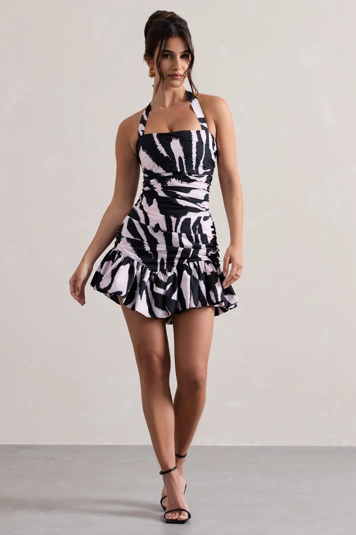 Zahra Zebra Print Halter Neck Ruched Mini Dress With Ruffle Hem