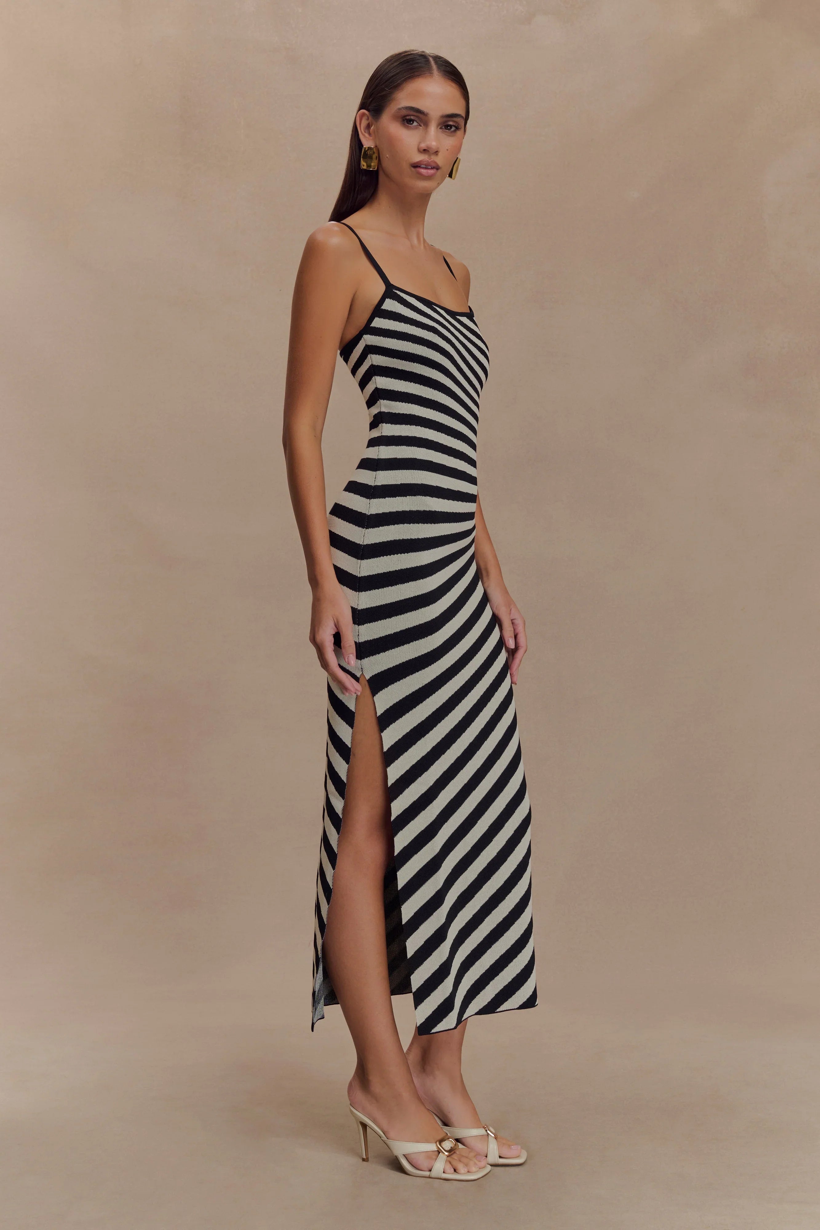 Raven Striped Knit Midi Dress Black White
