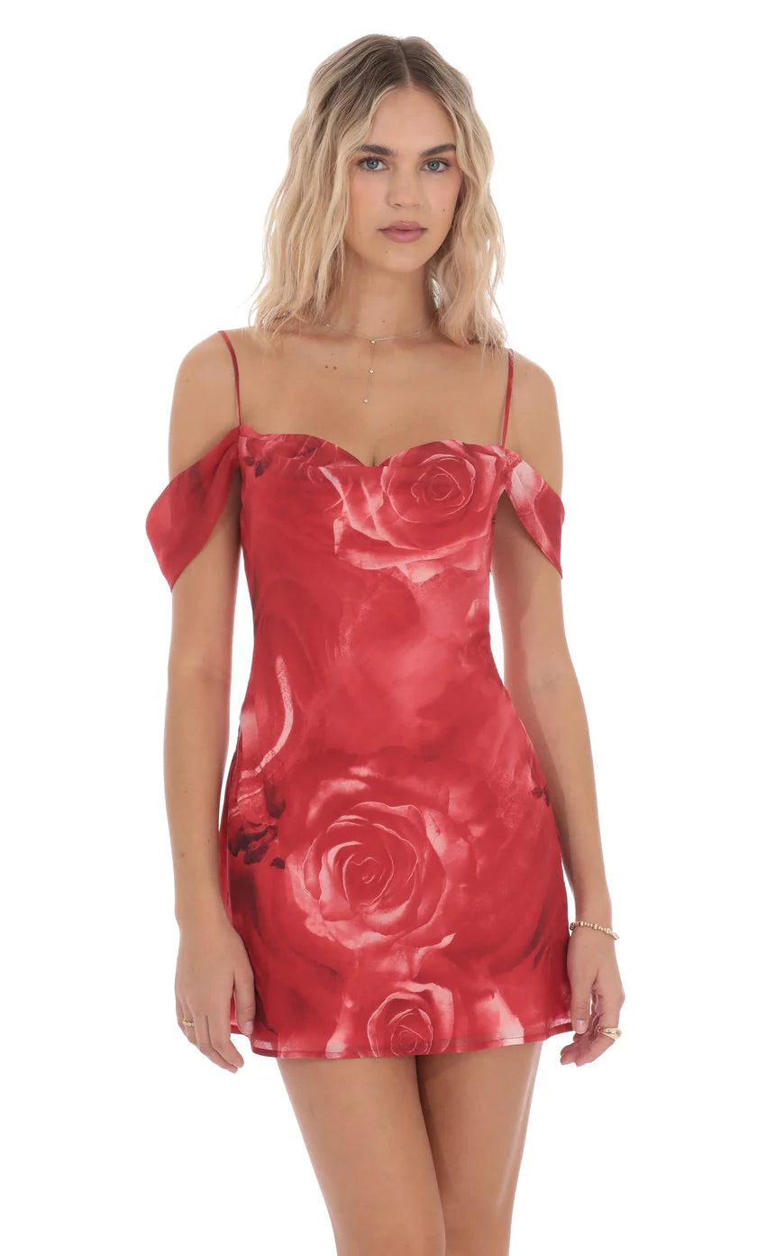 Rose Off Shoulder Dress in Red