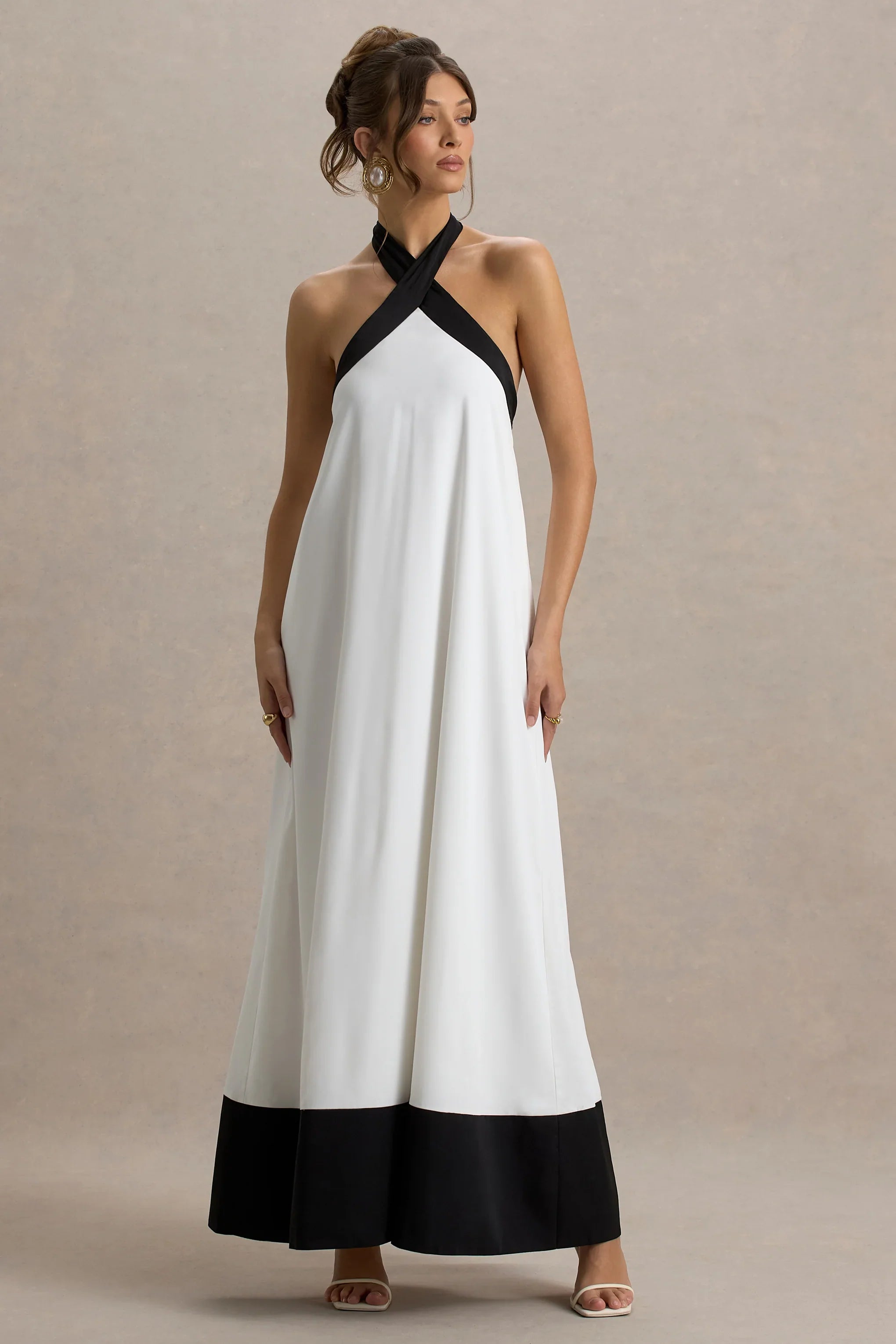 Clarabella White Black Halter Neck Maxi Dress