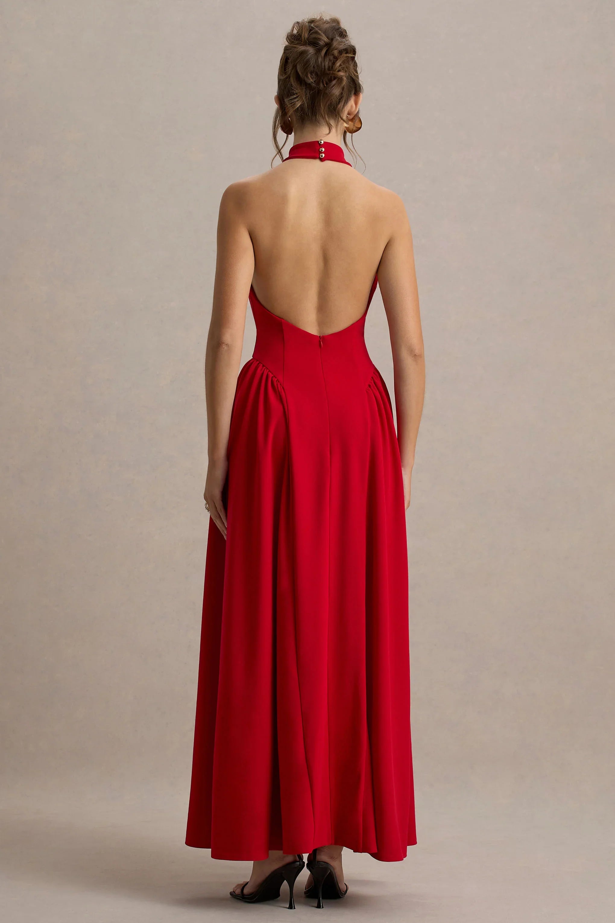 Cynthia Red High Neck Maxi Dress With Volume Skirt
