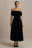 Ablaze Black Velvet Bardot Neck Midi Dress
