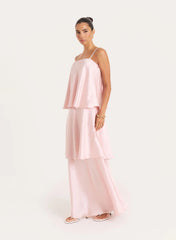 Pale Pink Satin Tiered Maxi Dress