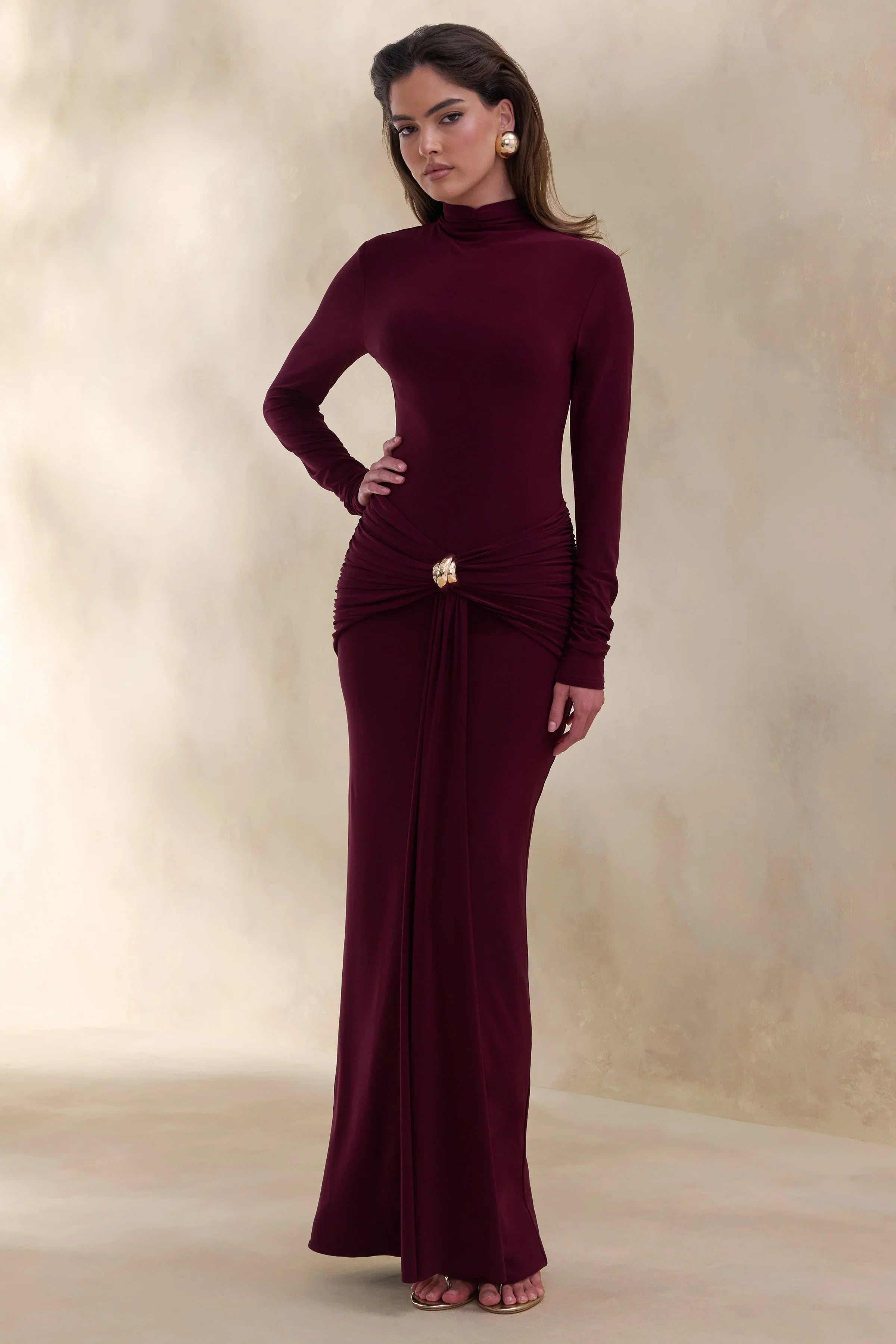 Ambrette Dark Plum High Neck Maxi Dress With Gathered Detailing
