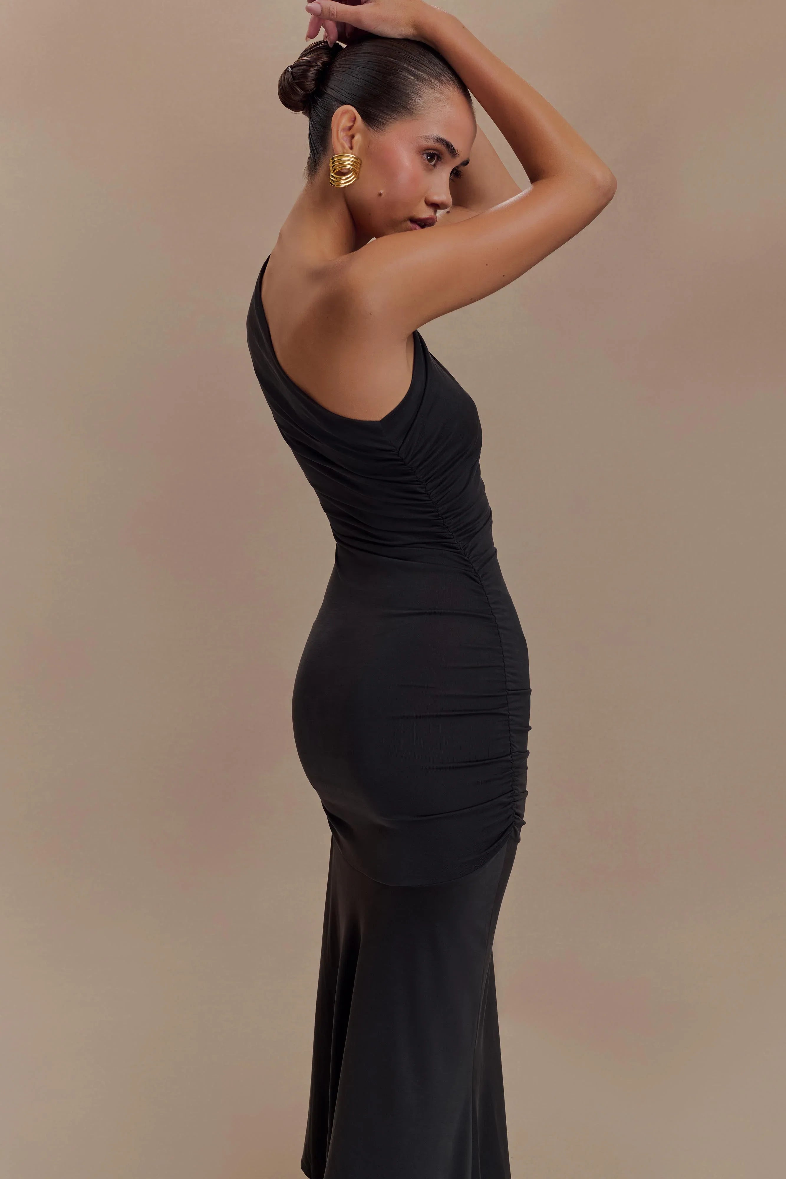 Chloe Peached Jersey One Shoulder Midi Dress Black