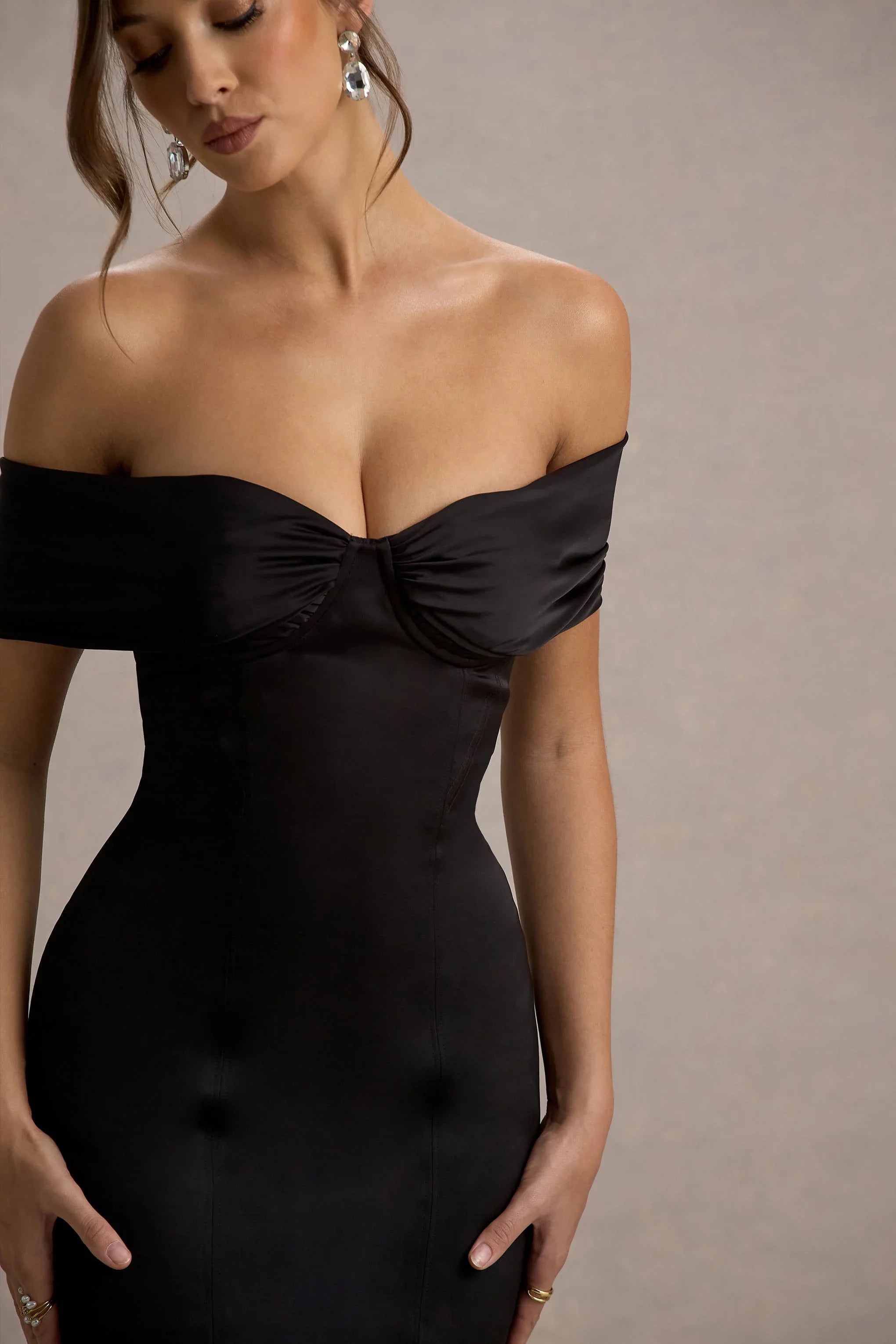 Anders Black Satin Bardot Maxi Dress With Sheer Skirt