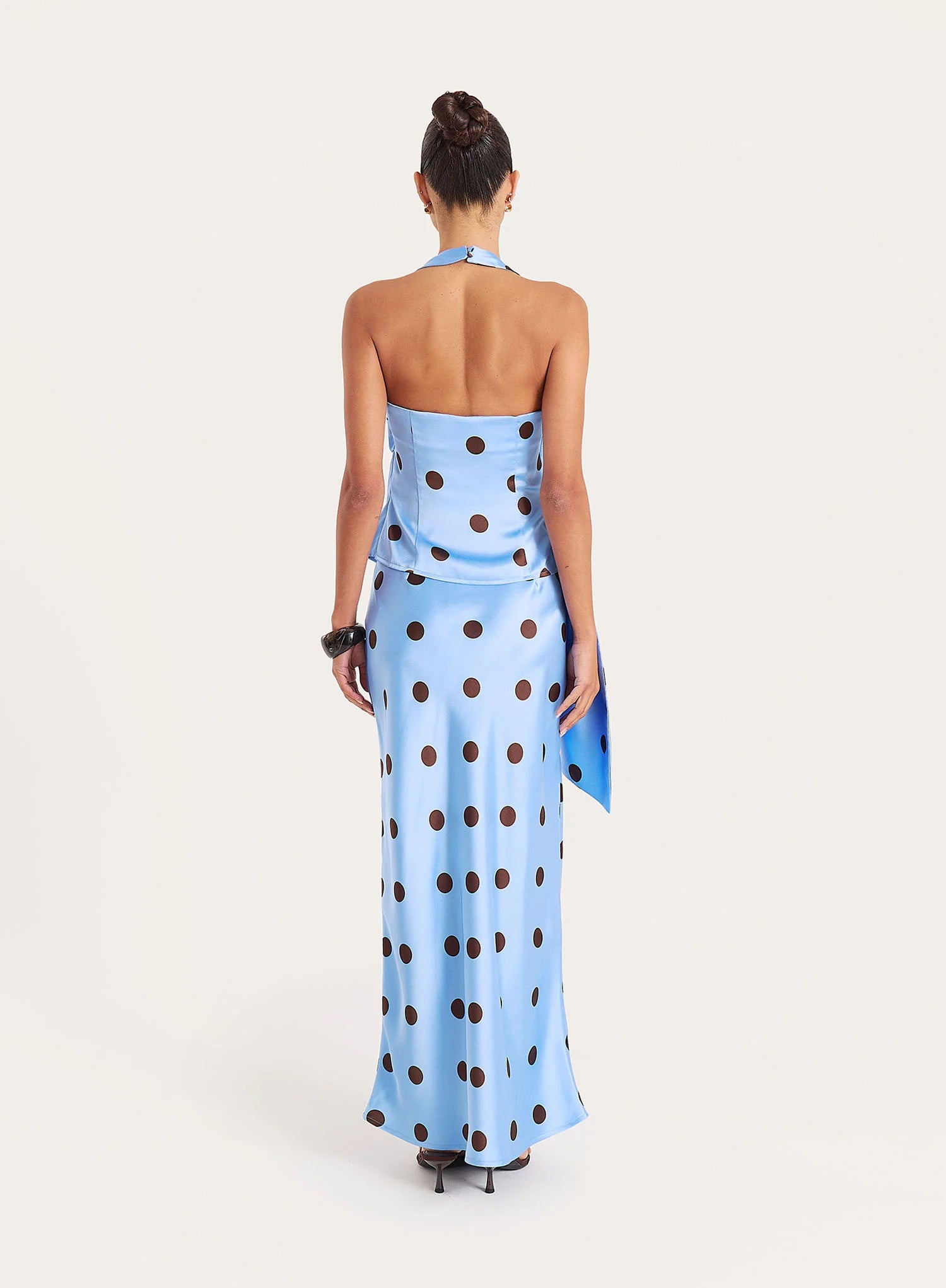 Blue And Chocolate Polka Dot Satin Halterneck Top