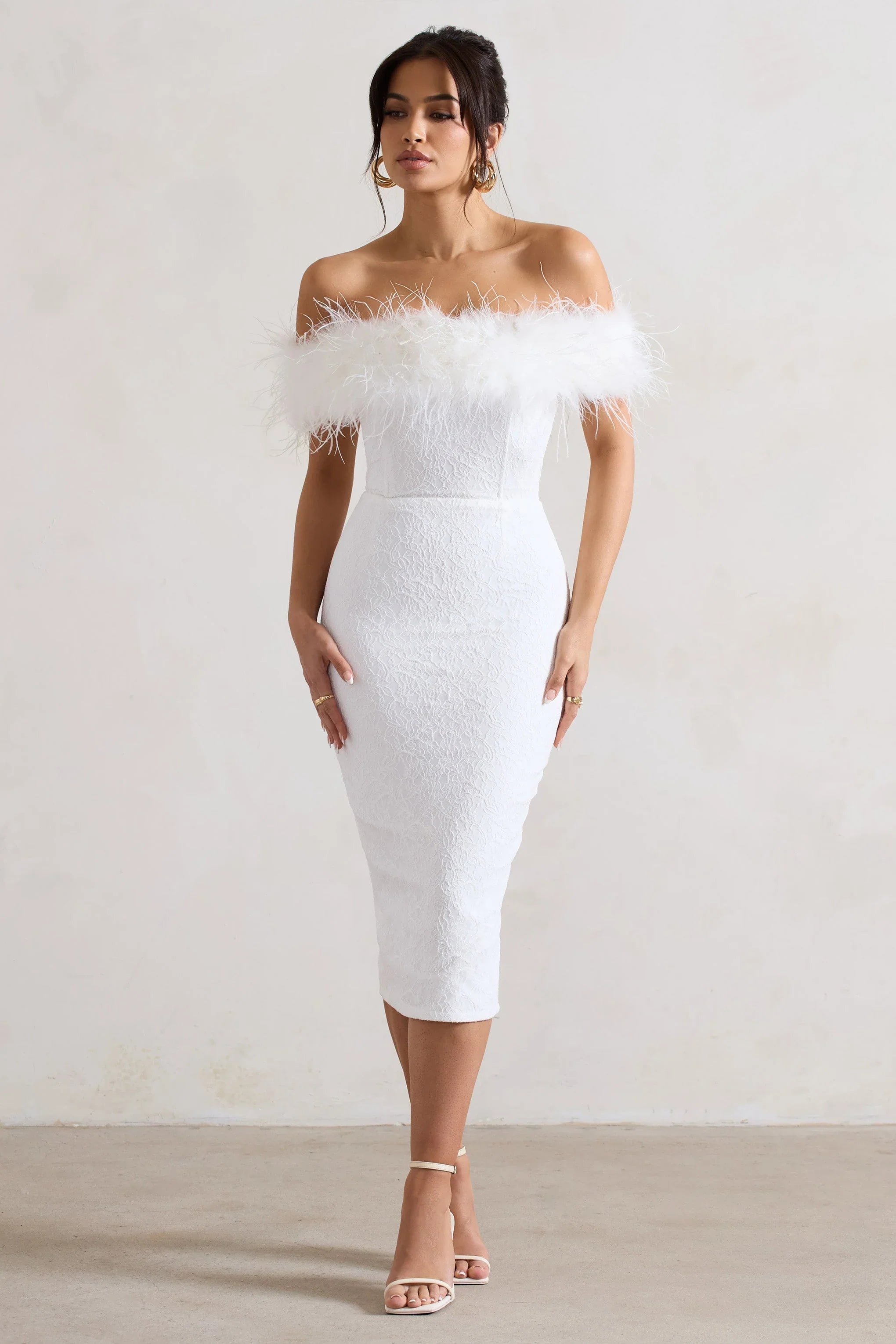 Maiden White Lace Bardot Midi Dress With Feather Trim