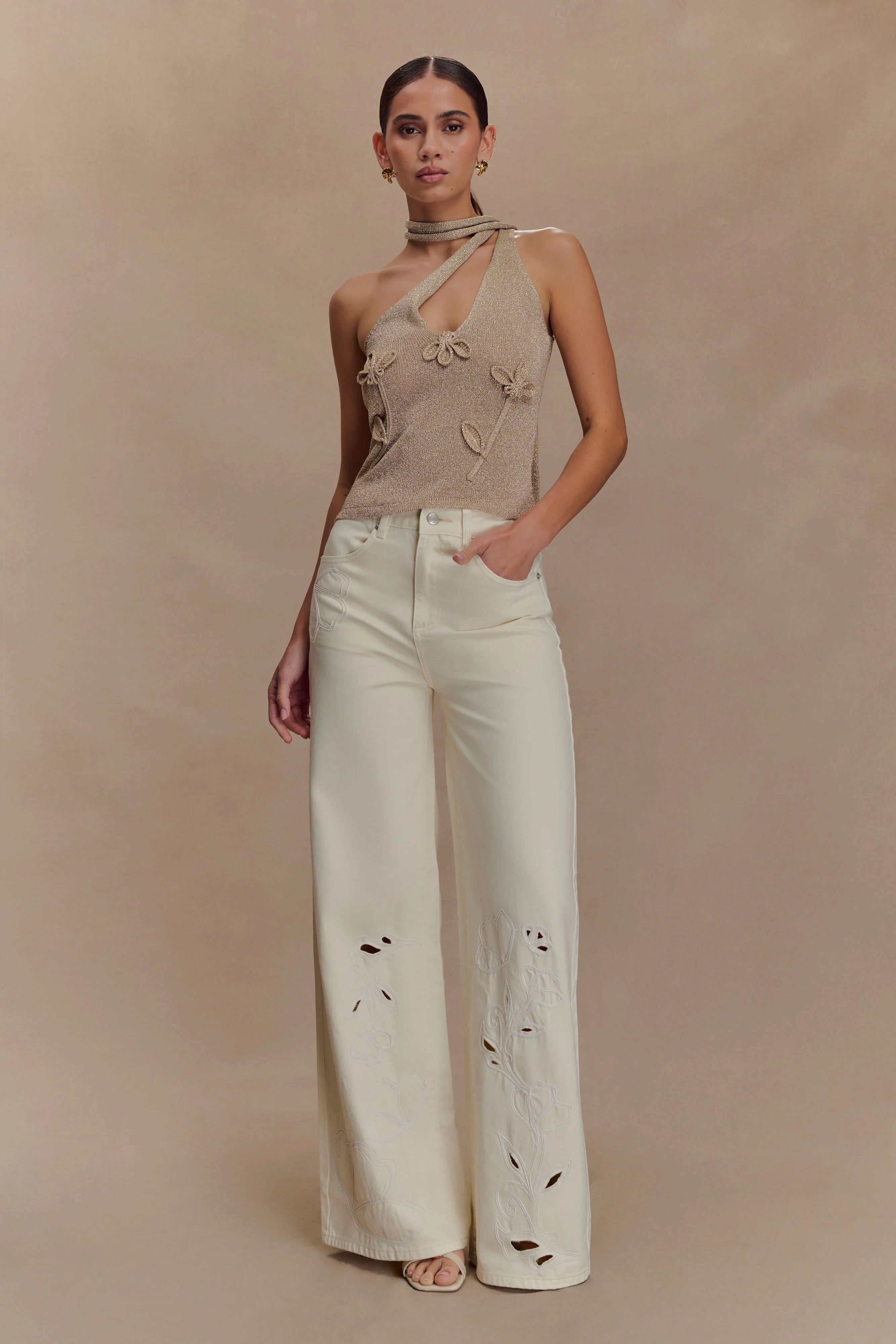 Leone One Shoulder Metallic Knit Top Gold