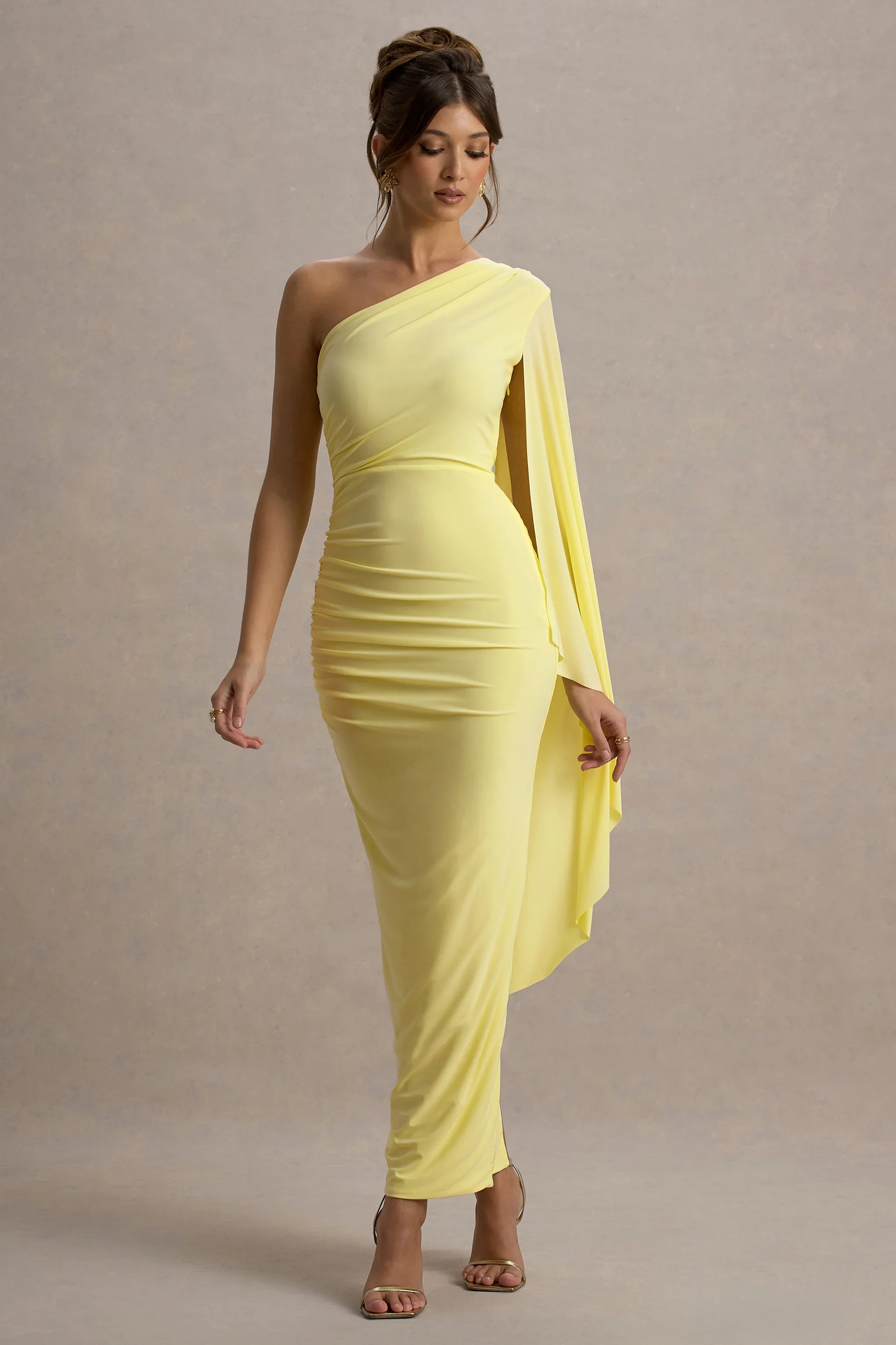 Clementina Lemon Asymmetric Cape Sleeve Maxi Dress