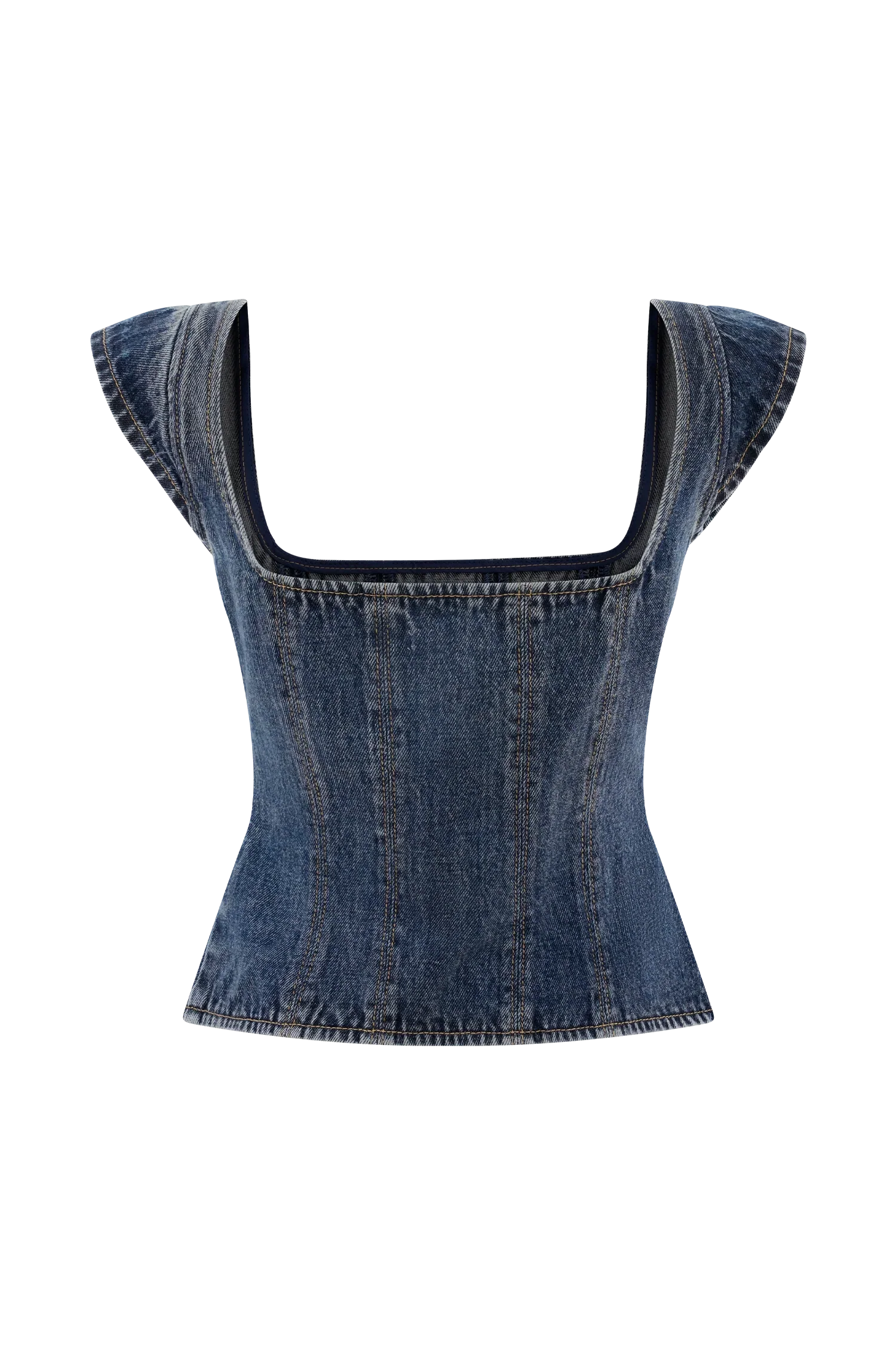 Loretta Cap Sleeve Denim Top Washed Dark Blue