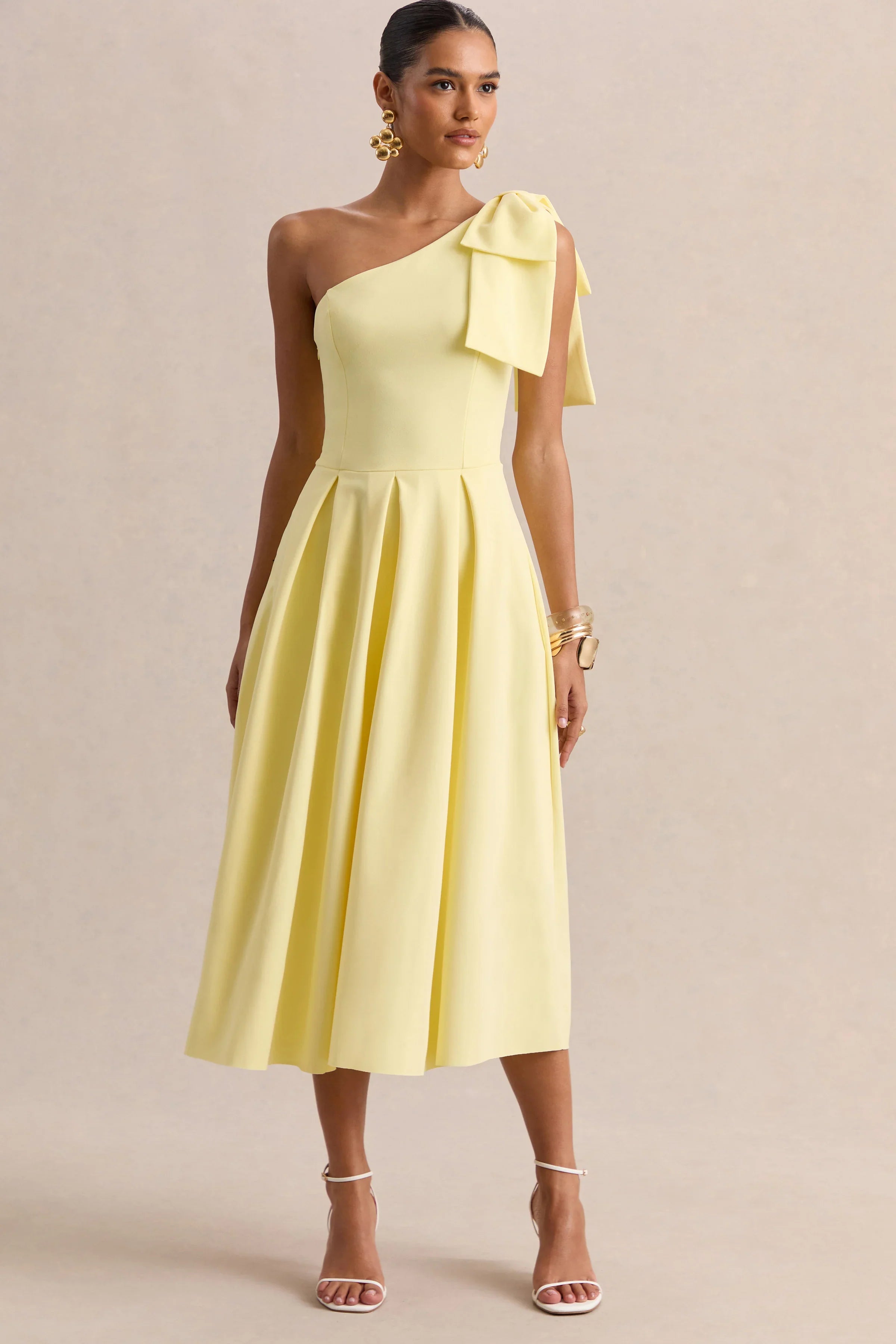 Meria Lemon Asymmetric Neck Midi Dress With Bow Sleeve