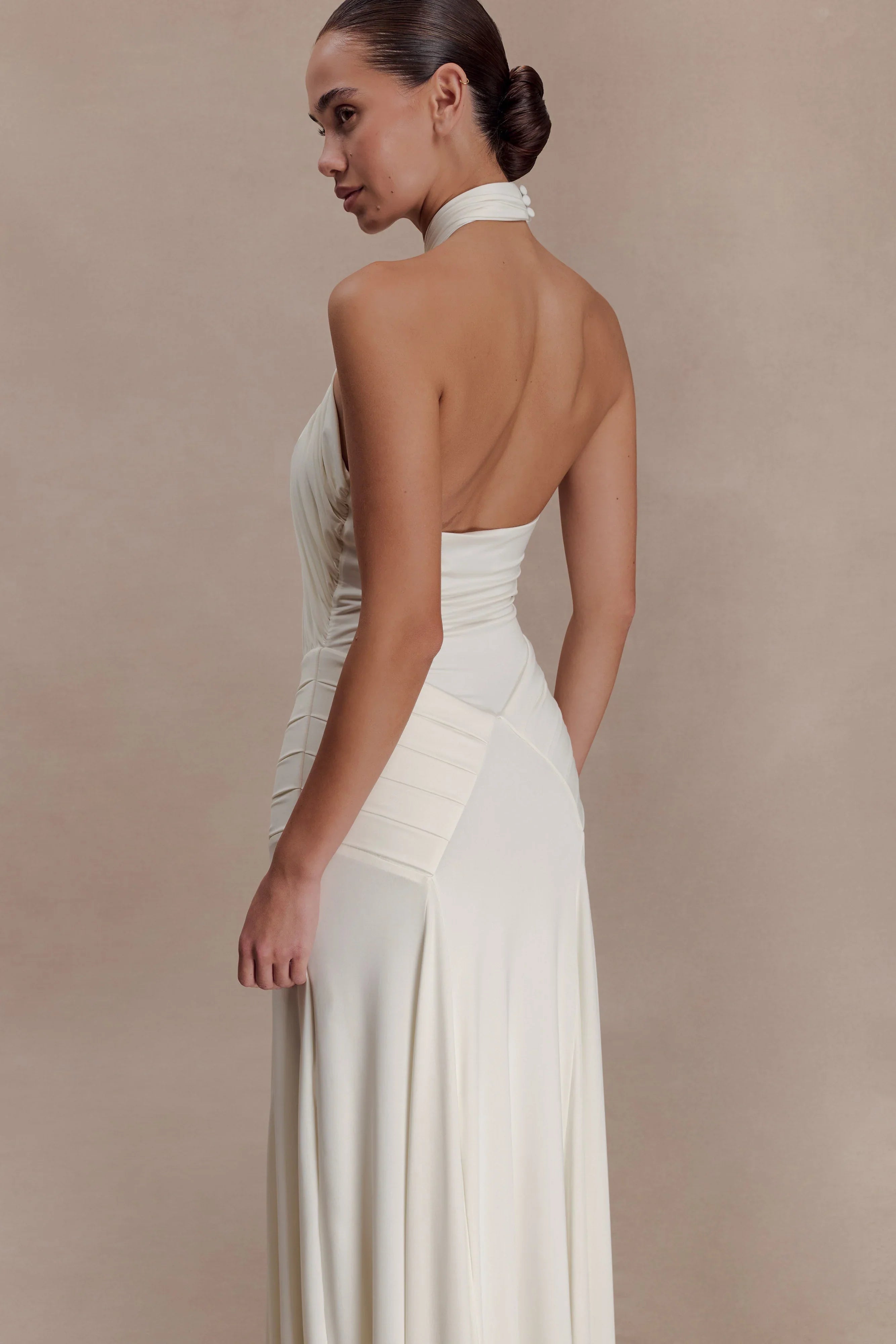 Indira Gathered Slinky Halter Maxi Dress Ivory