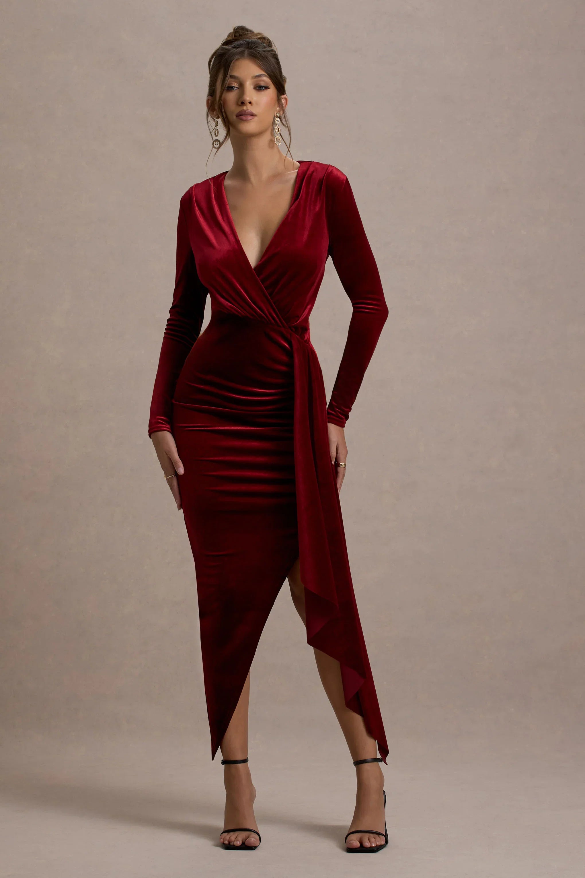 Arcadia Berry Velvet Plunge Neck Wrap Midi Dress