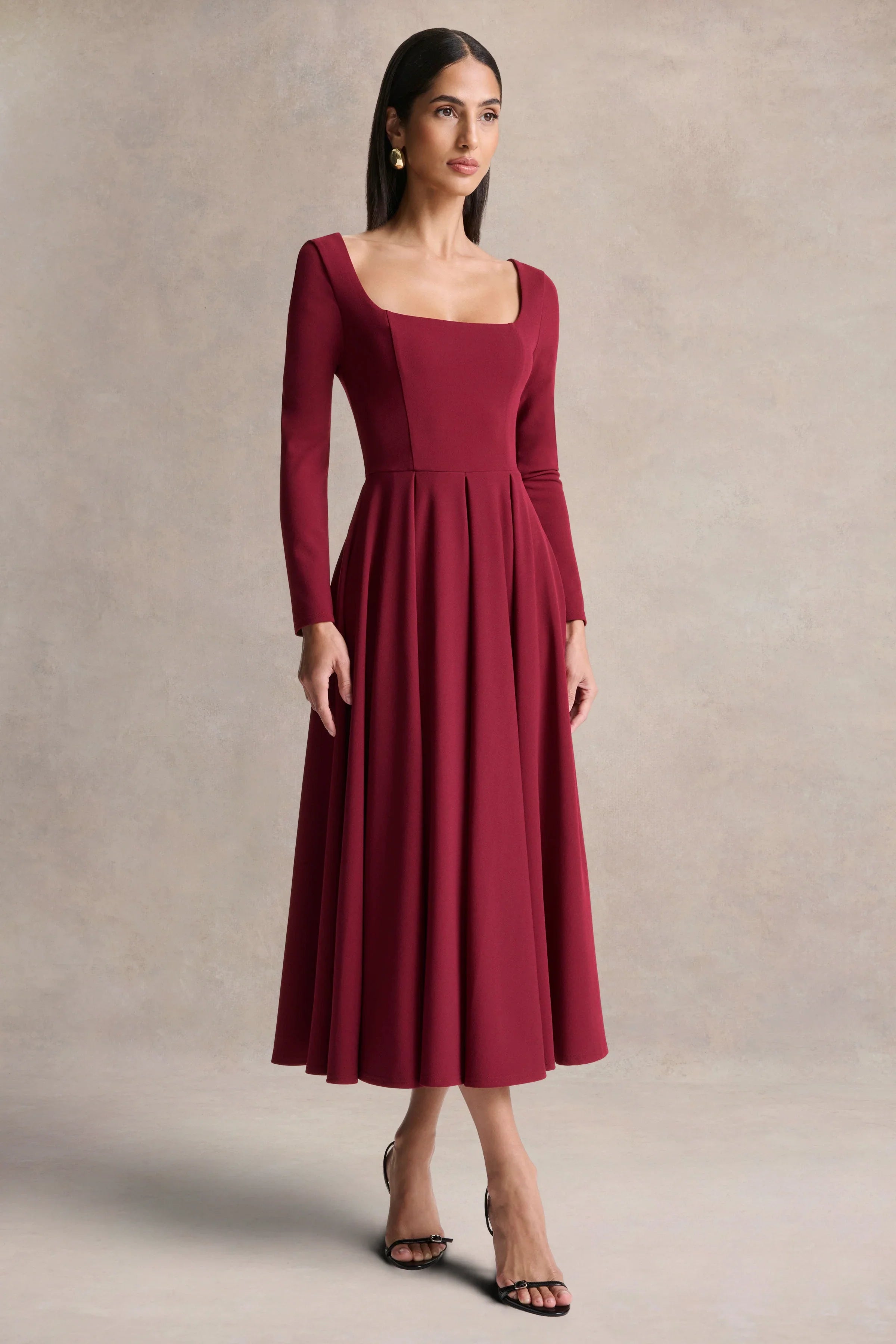 Alison Burgundy Square Neck A Line Midi Dress