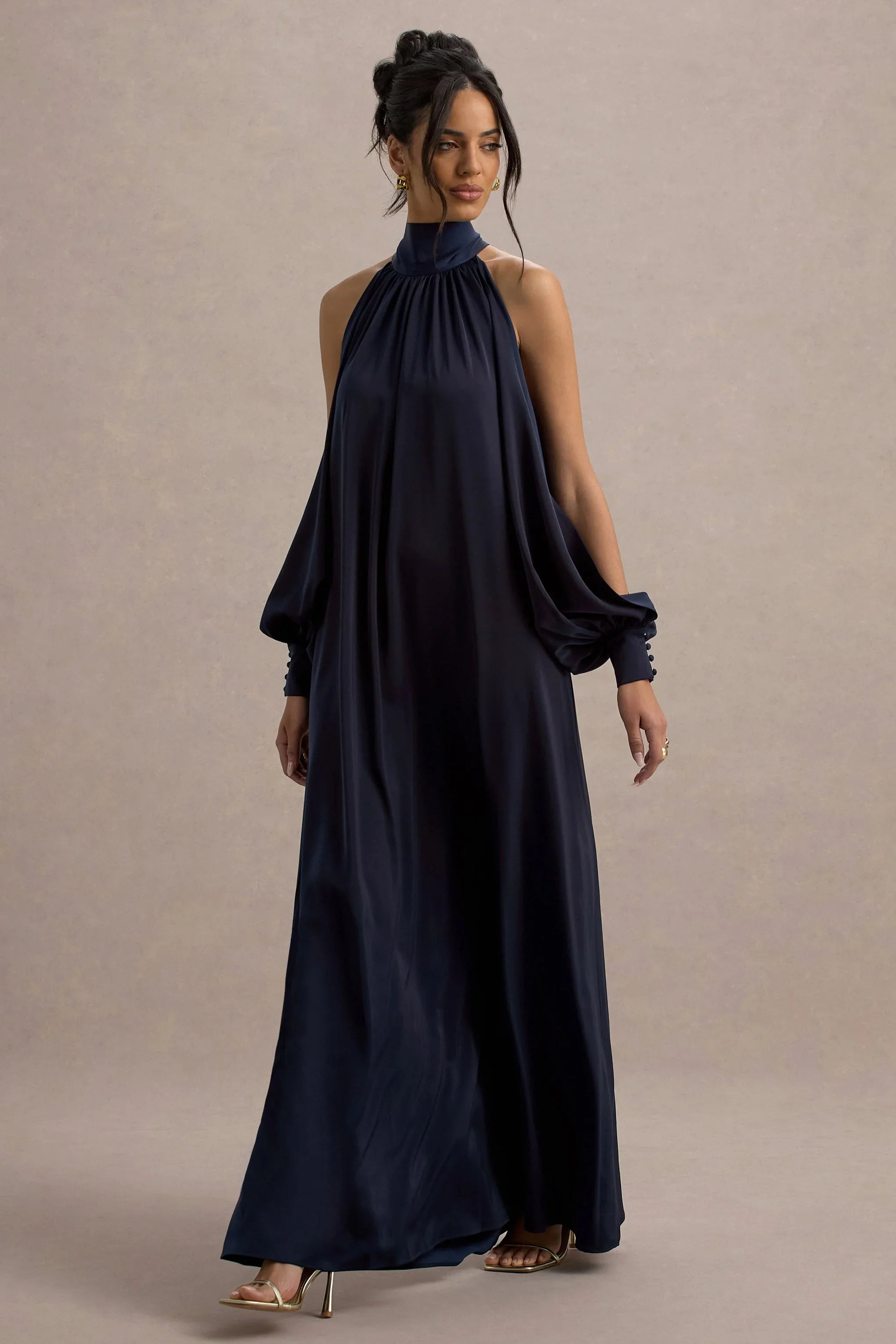 Baila Navy Satin High Neck Cape Sleeve Maxi Dress