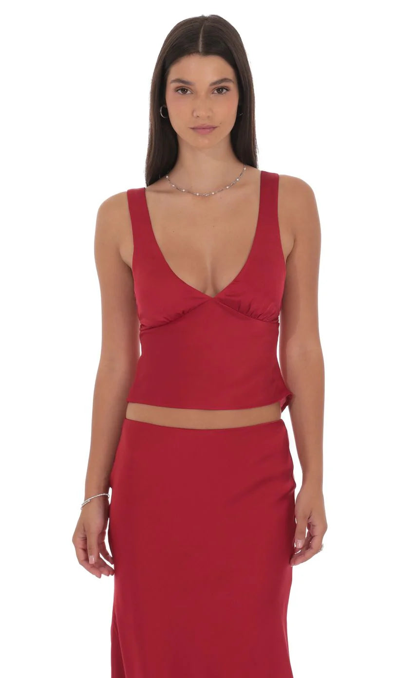 Satin V Neck Top in Red