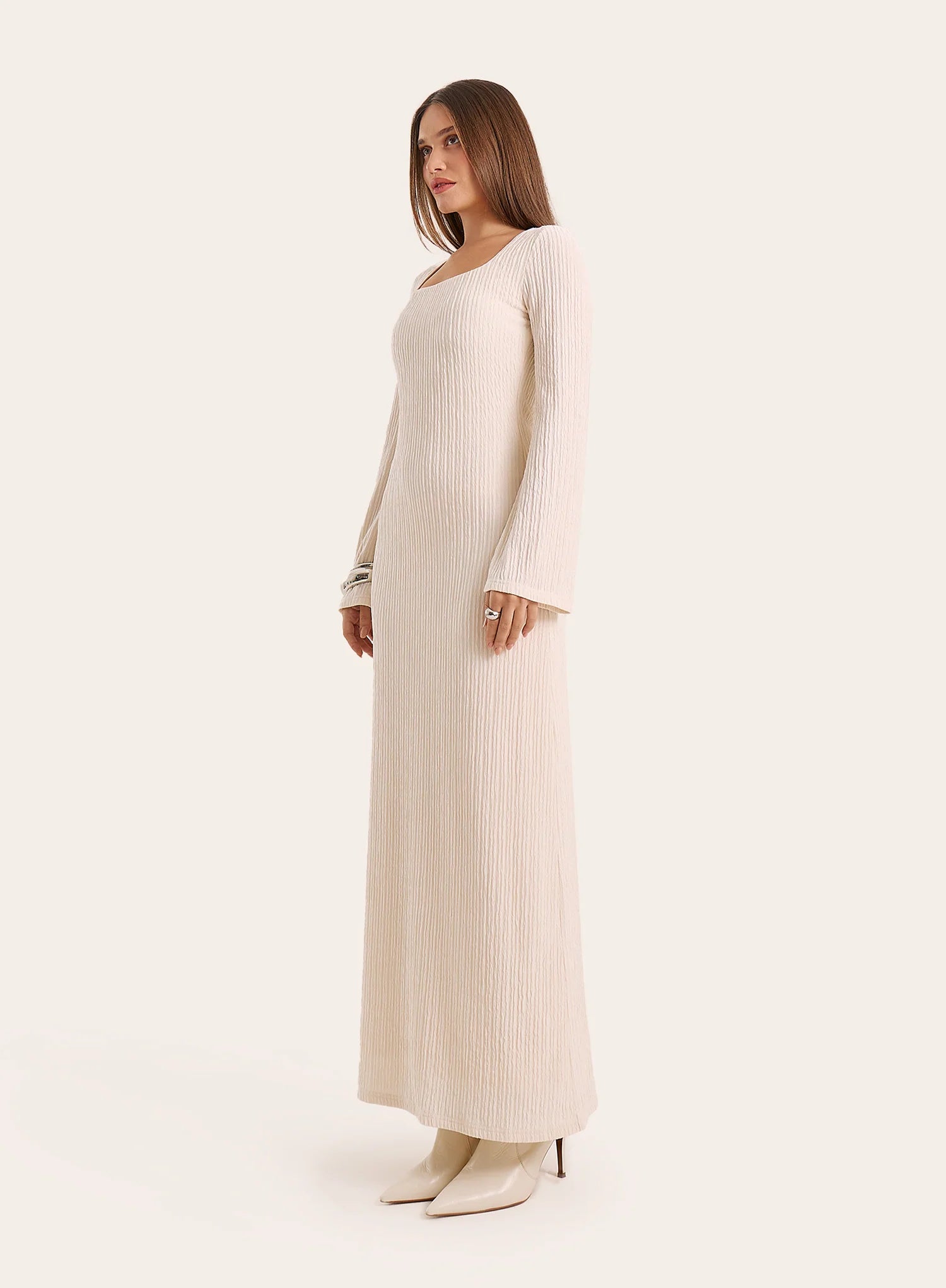 Ecru Square Neck Long Sleeve Maxi Dress