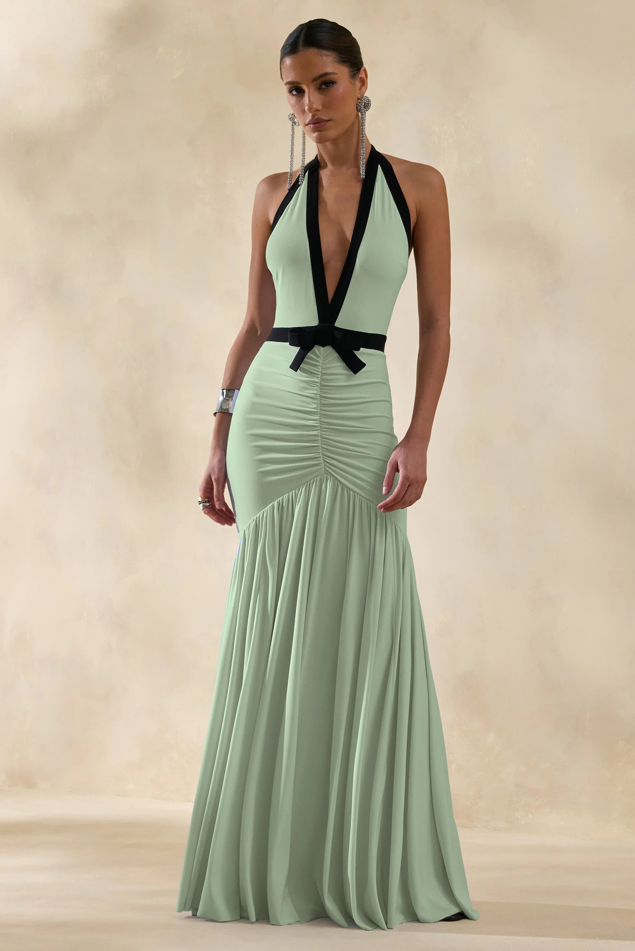 Cosmina Mint Plunge Neck Maxi Dress With Bow Detail
