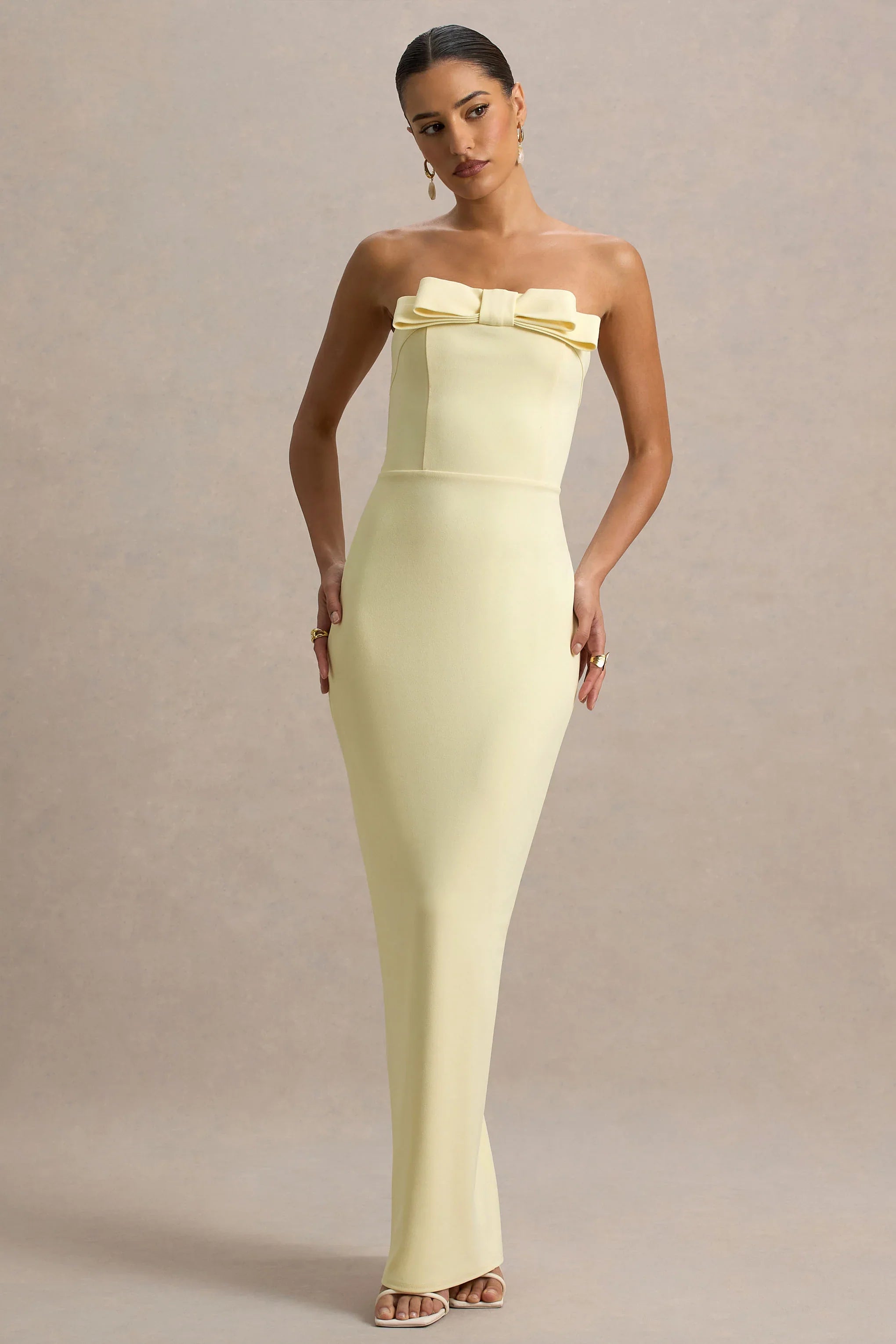 Hallie Lemon Bandeau Maxi Dress With Bow Detail