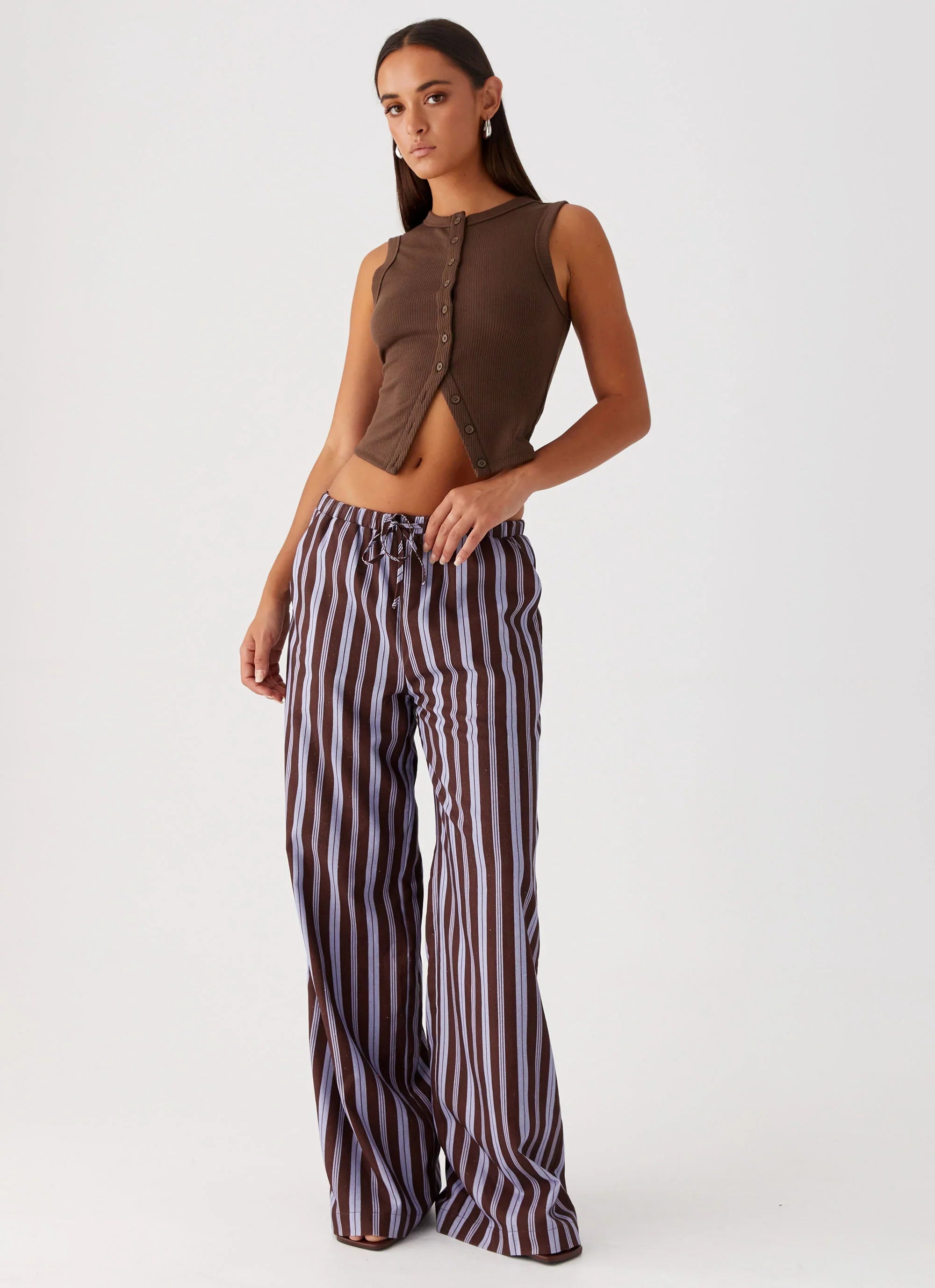 Fresh Face Linen Pants Purple Brown Stripe