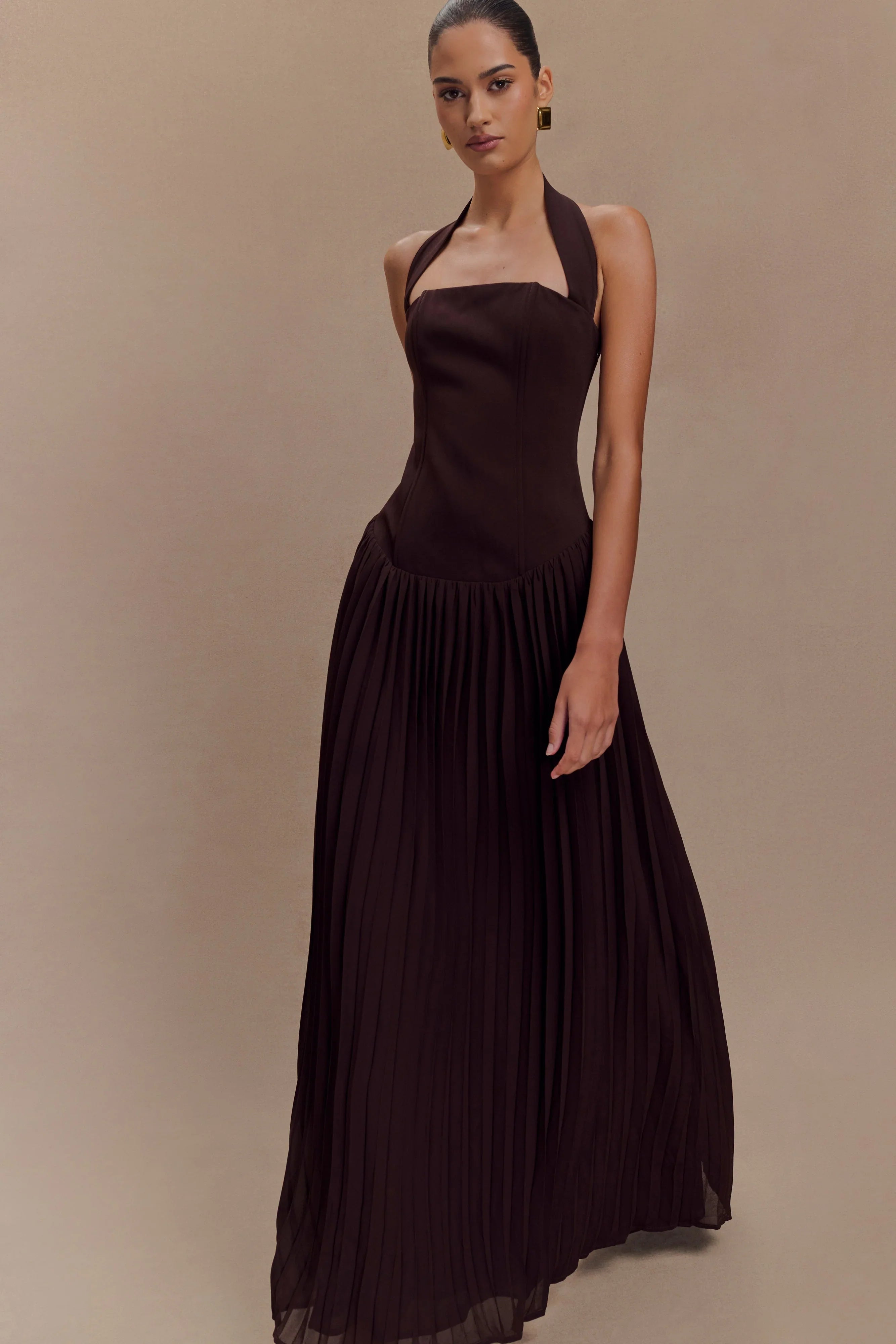 Stacie Pleated Halter Maxi Dress Cacao