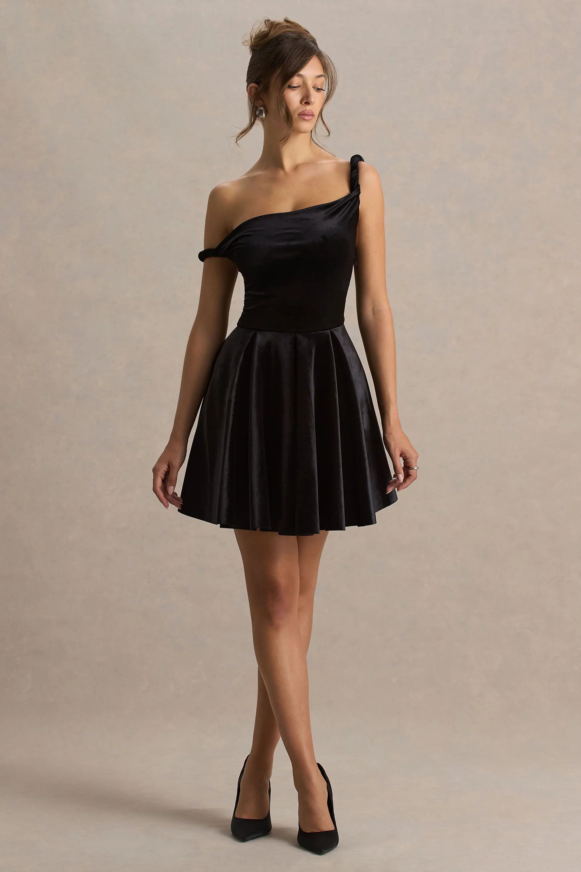 Leticia Black Asymmetric Neck Velvet Mini Dress With Twist Sleeve
