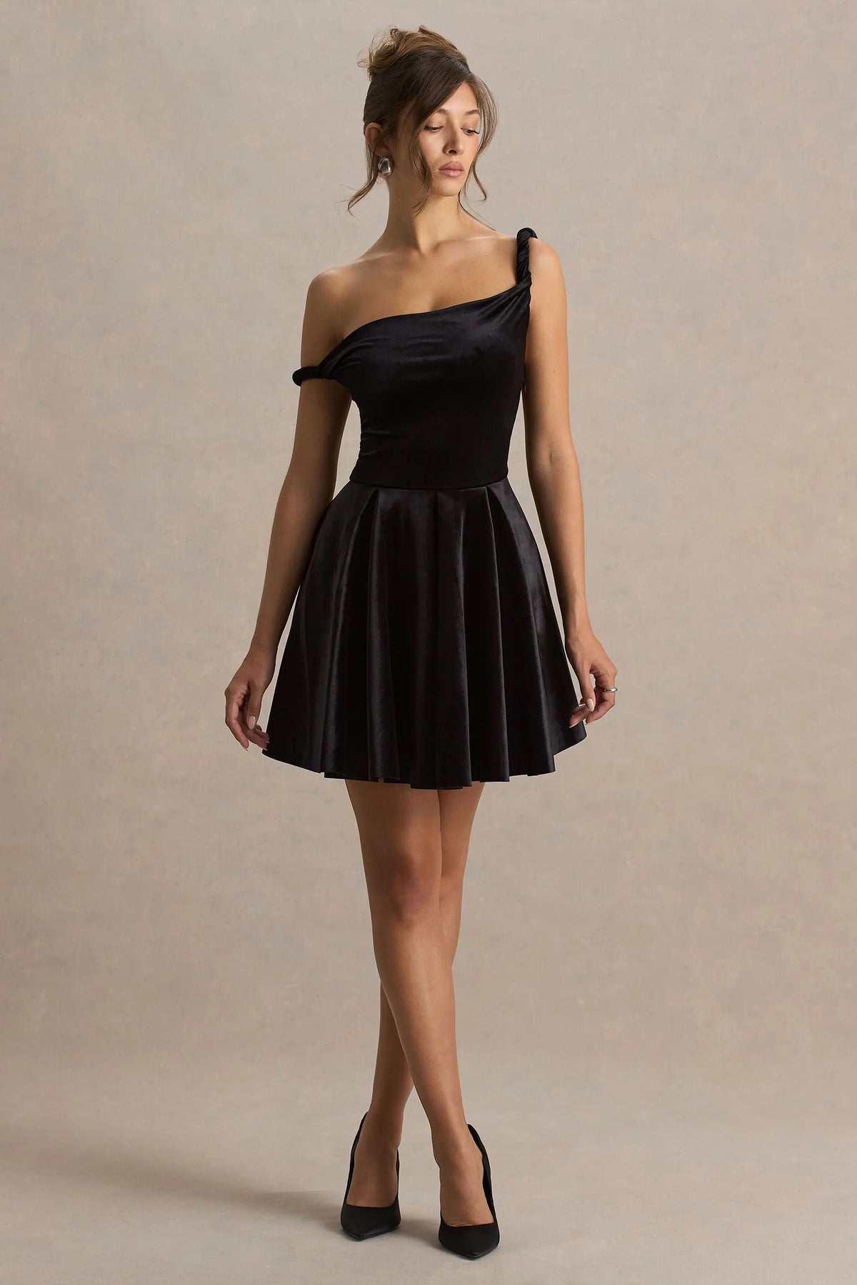 Leticia Black Asymmetric Neck Velvet Mini Dress With Twist Sleeve
