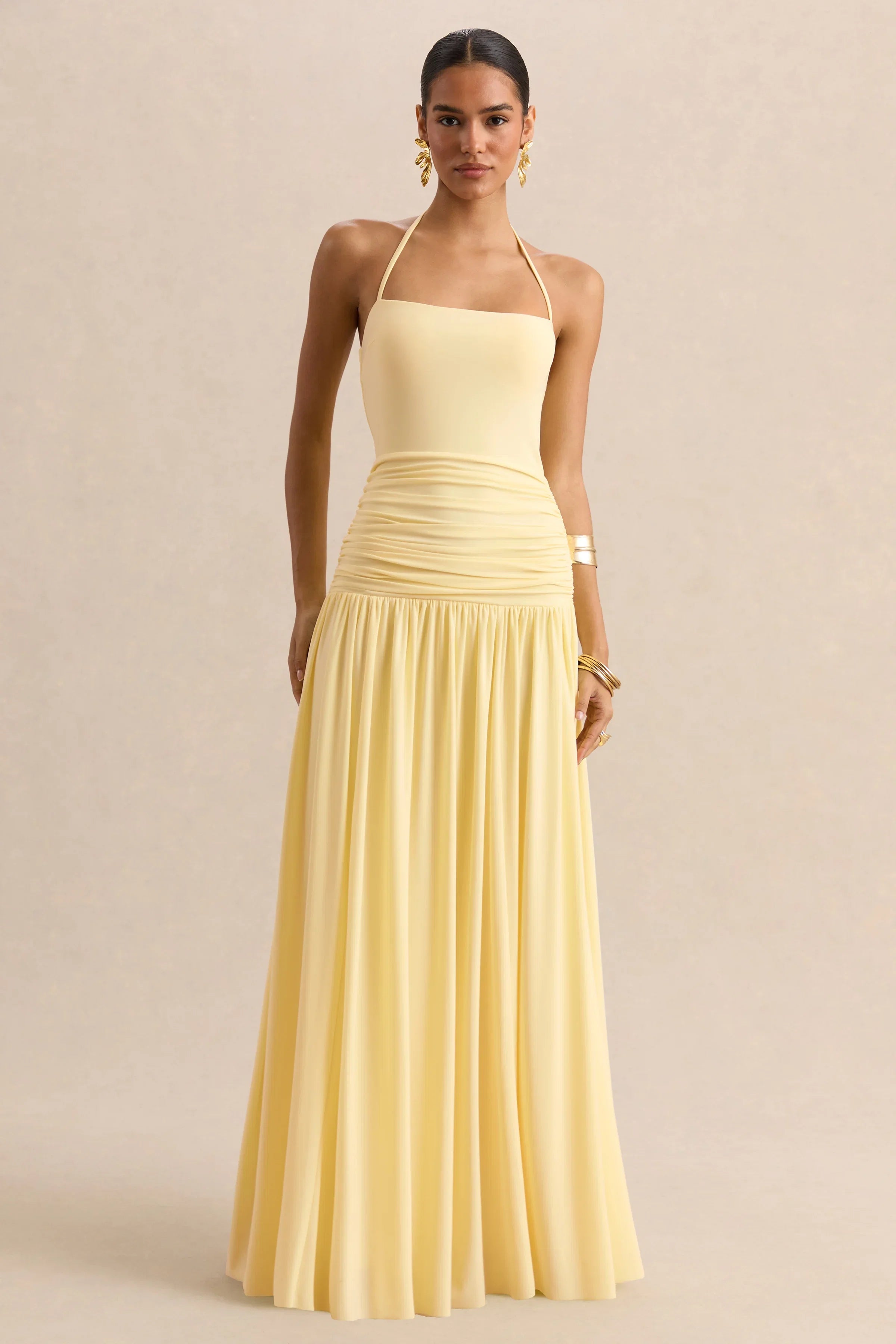 Nicolette Lemon Square Neck Maxi Dress With Ruched Detailing