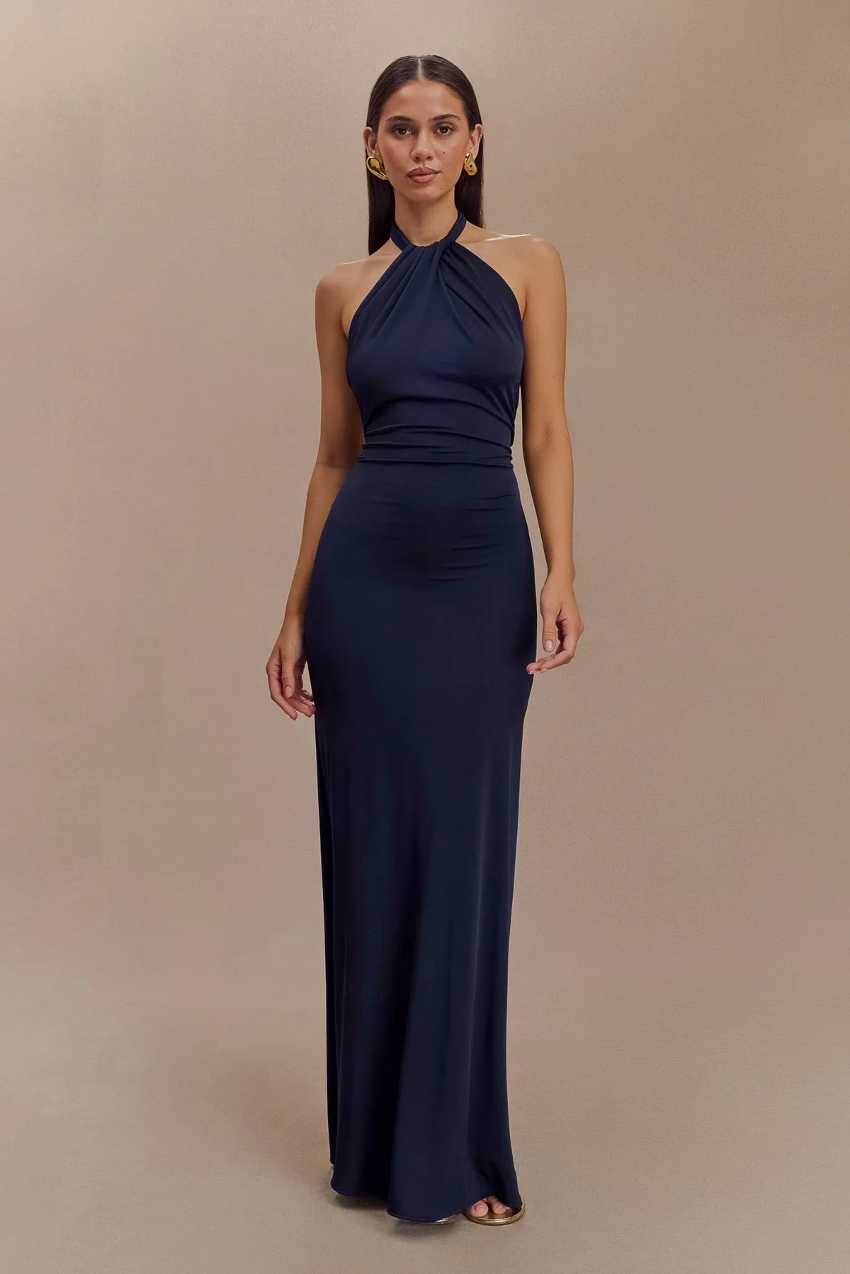 Elyna Slinky Halter Maxi Dress Navy